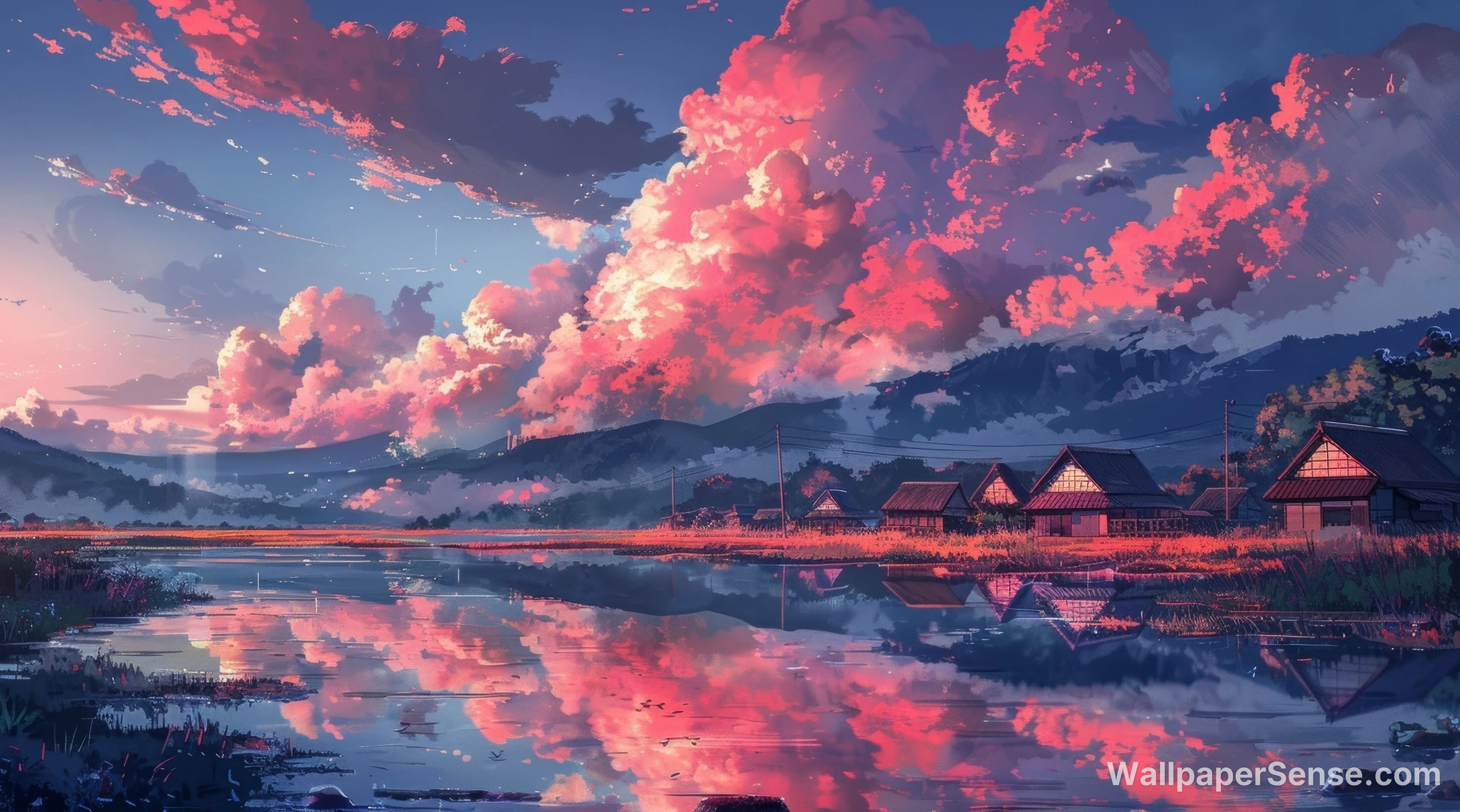 Japonská vesnice při západu slunce 8K Ultra HD stěnový obrázek