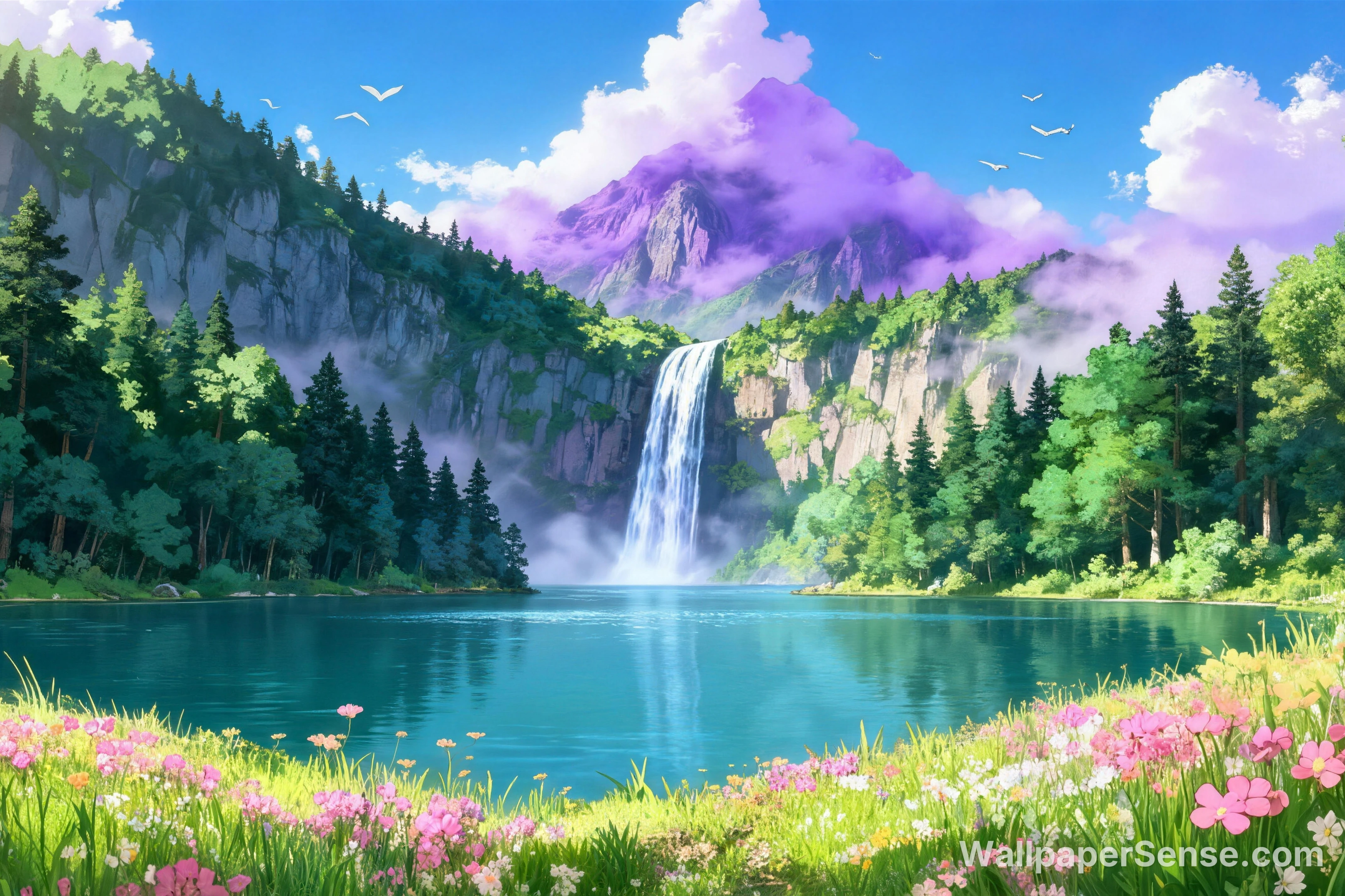 Animeový krajinný vodopád 8K Ultra HD pozadí pro plochu - Premium wallpaper in 6912x4608 resolution