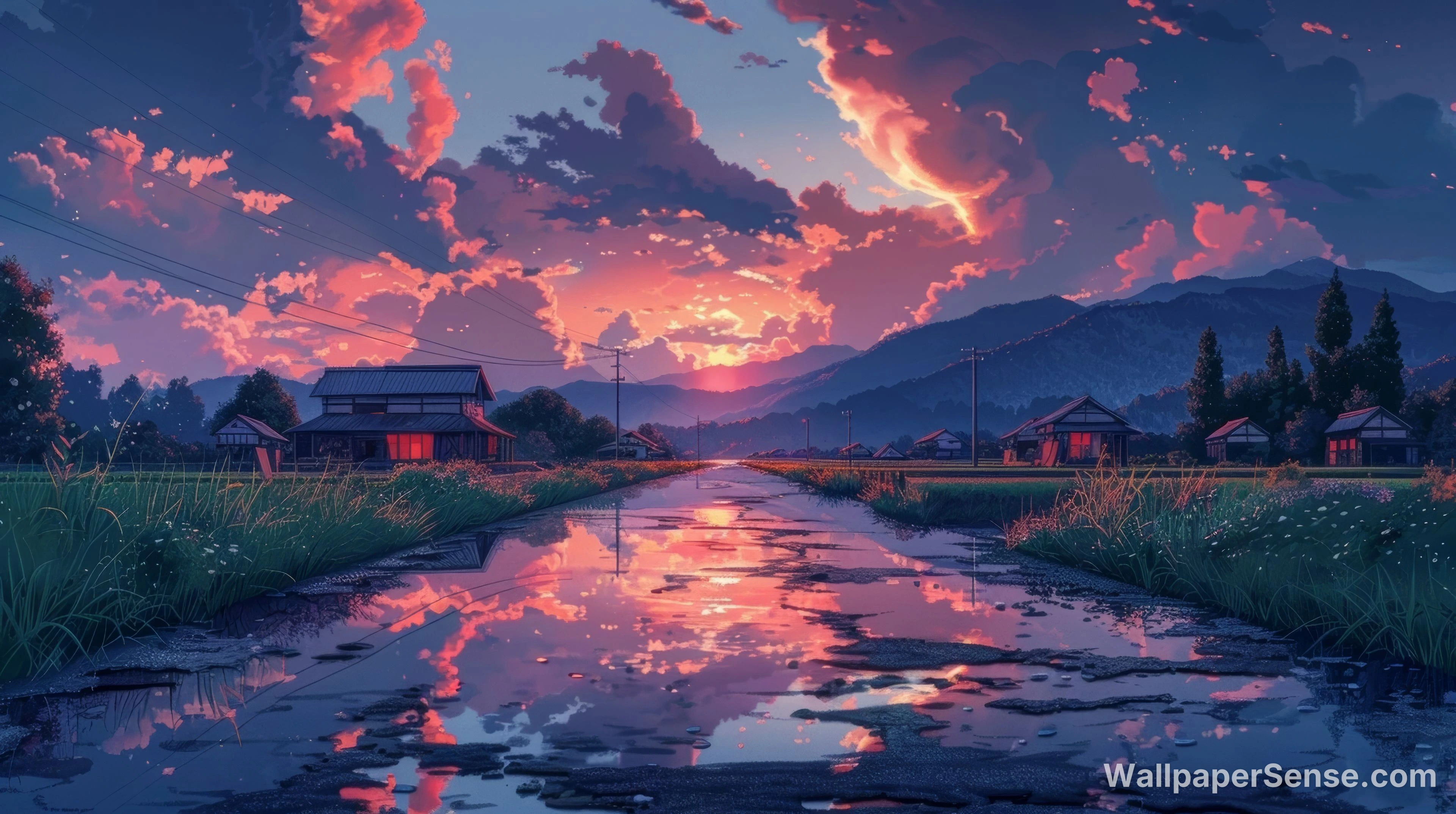 Japonská vesnice při západu slunce 8K Ultra HD stěnka