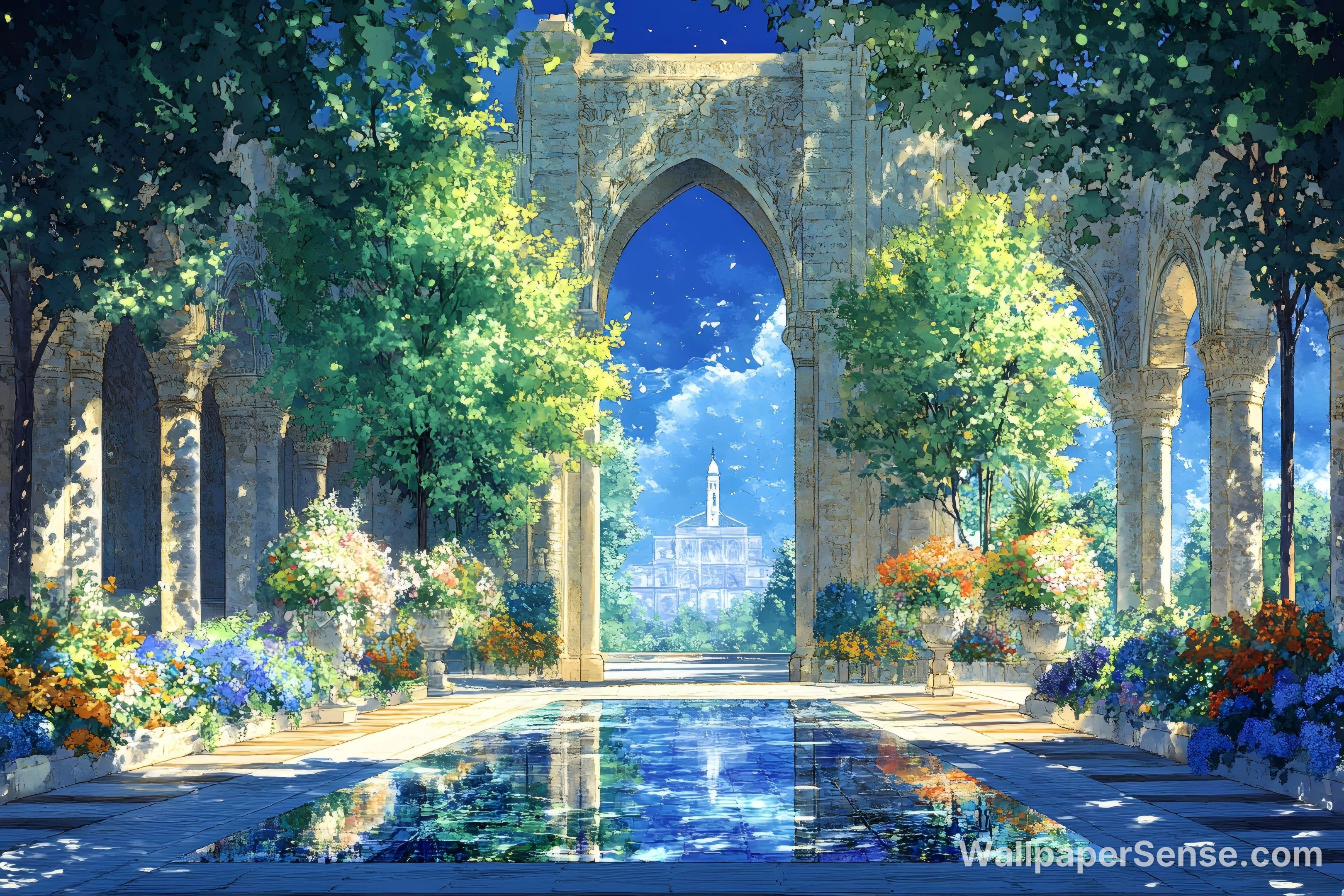 Anime Garden Courtyard 8K Ultra HD Desktop Wallpaper