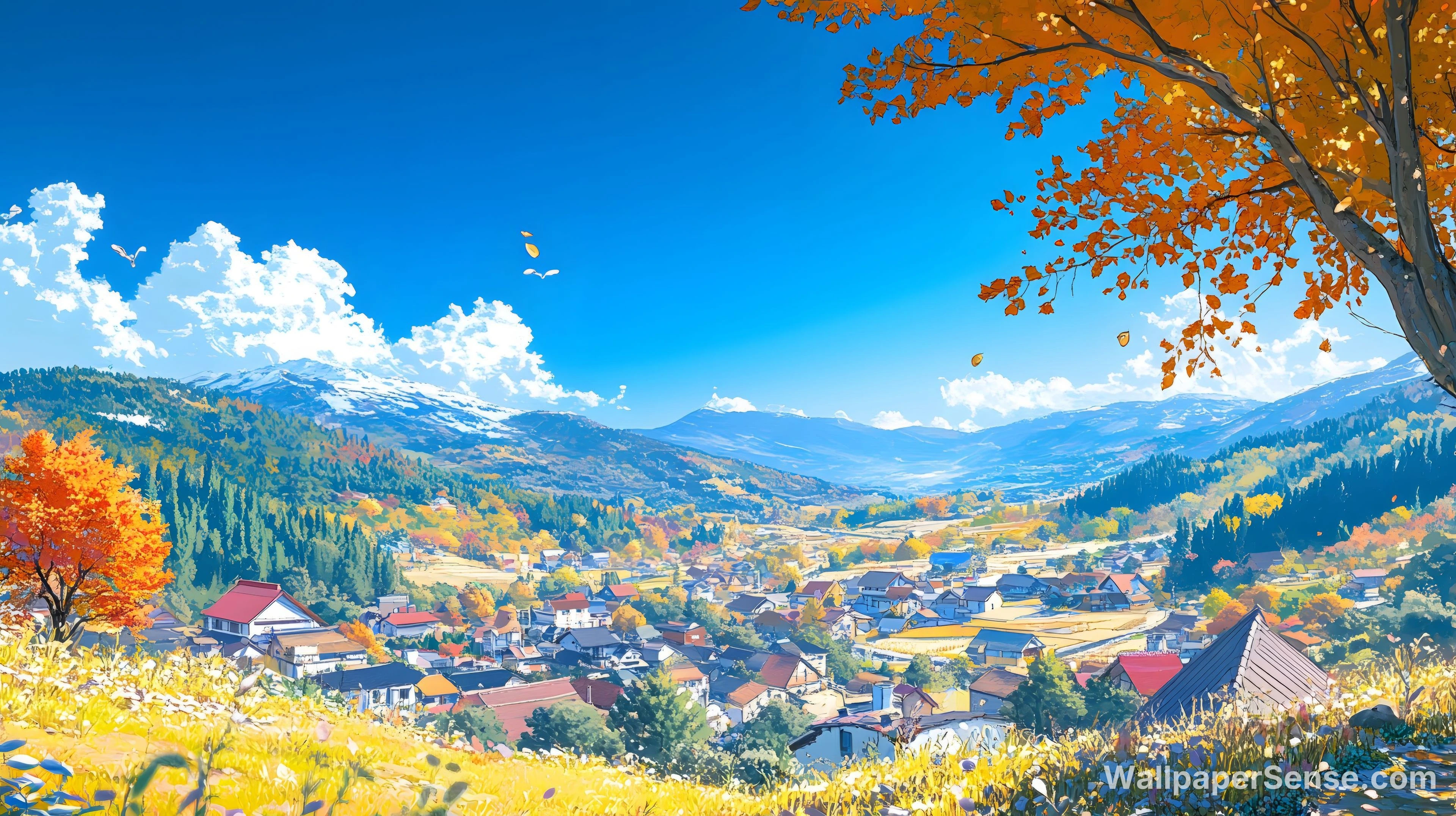 Japansk efterårslandskab med bjergby, 8K ultra HD baggrundsbillede
