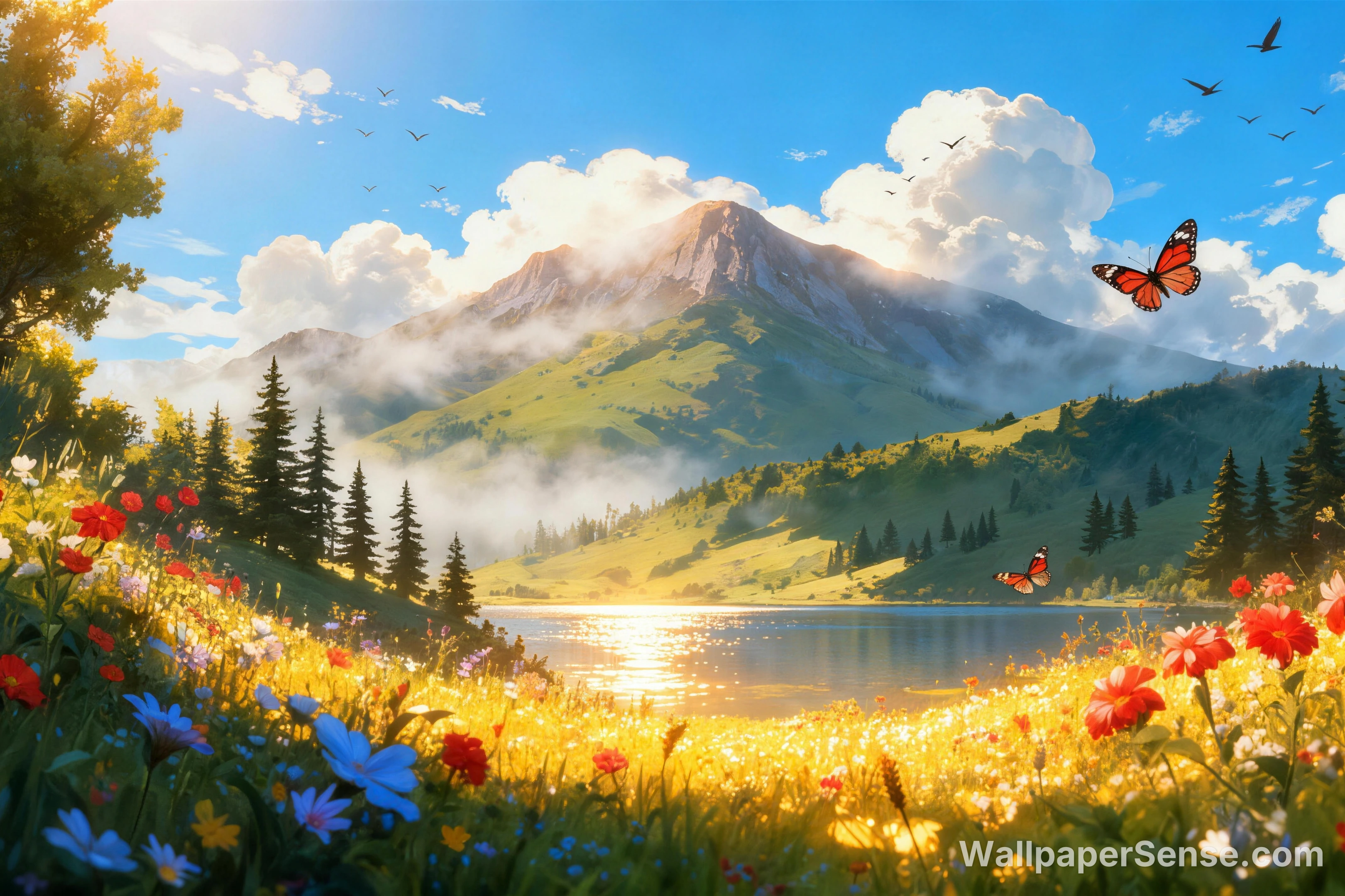 Anime-stil bjerg, sø og blomstermark – 8K ultra HD baggrundsbillede