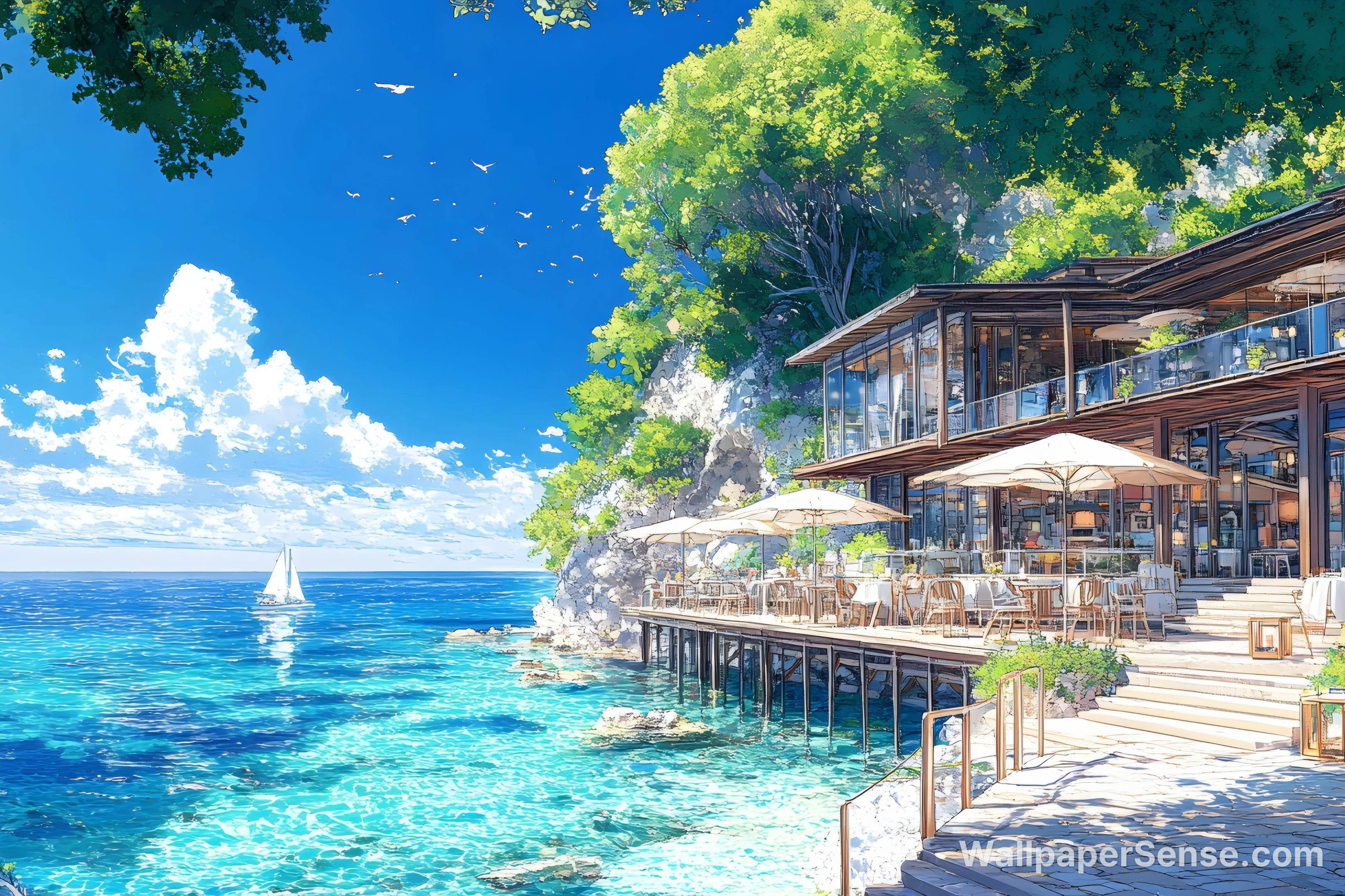 Restaurante à Beira-Mar em Estilo Anime Japonês, Papel de Parede 8K - Premium wallpaper in 6726x4484 resolution
