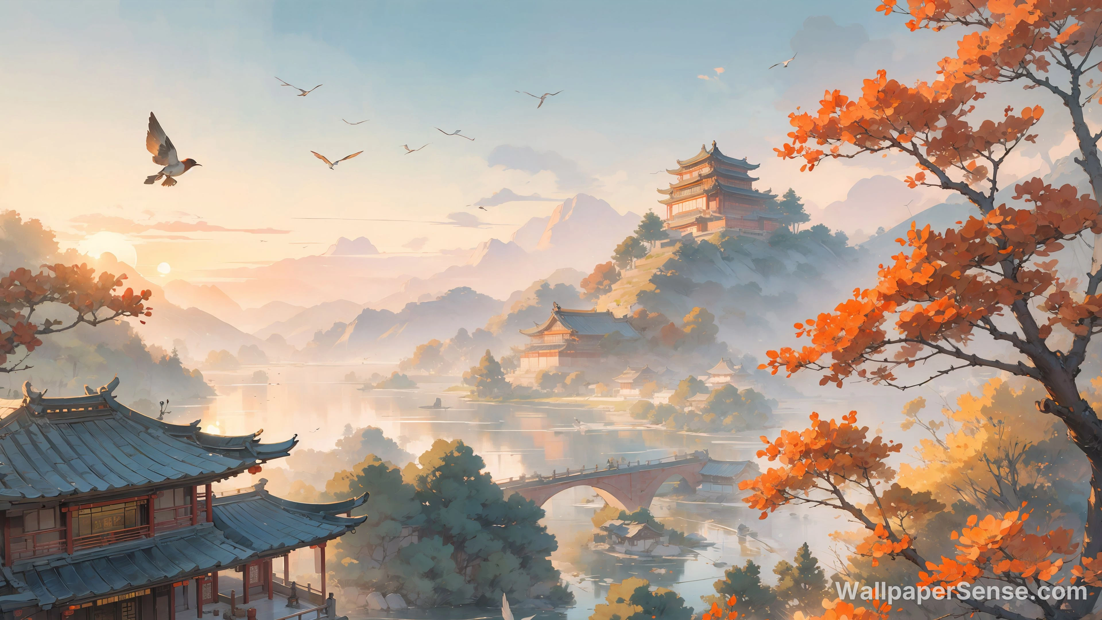 Chinese Style Ancient Architecture Autumn Scene 8K Ultra HD Desktop Wallpaper
