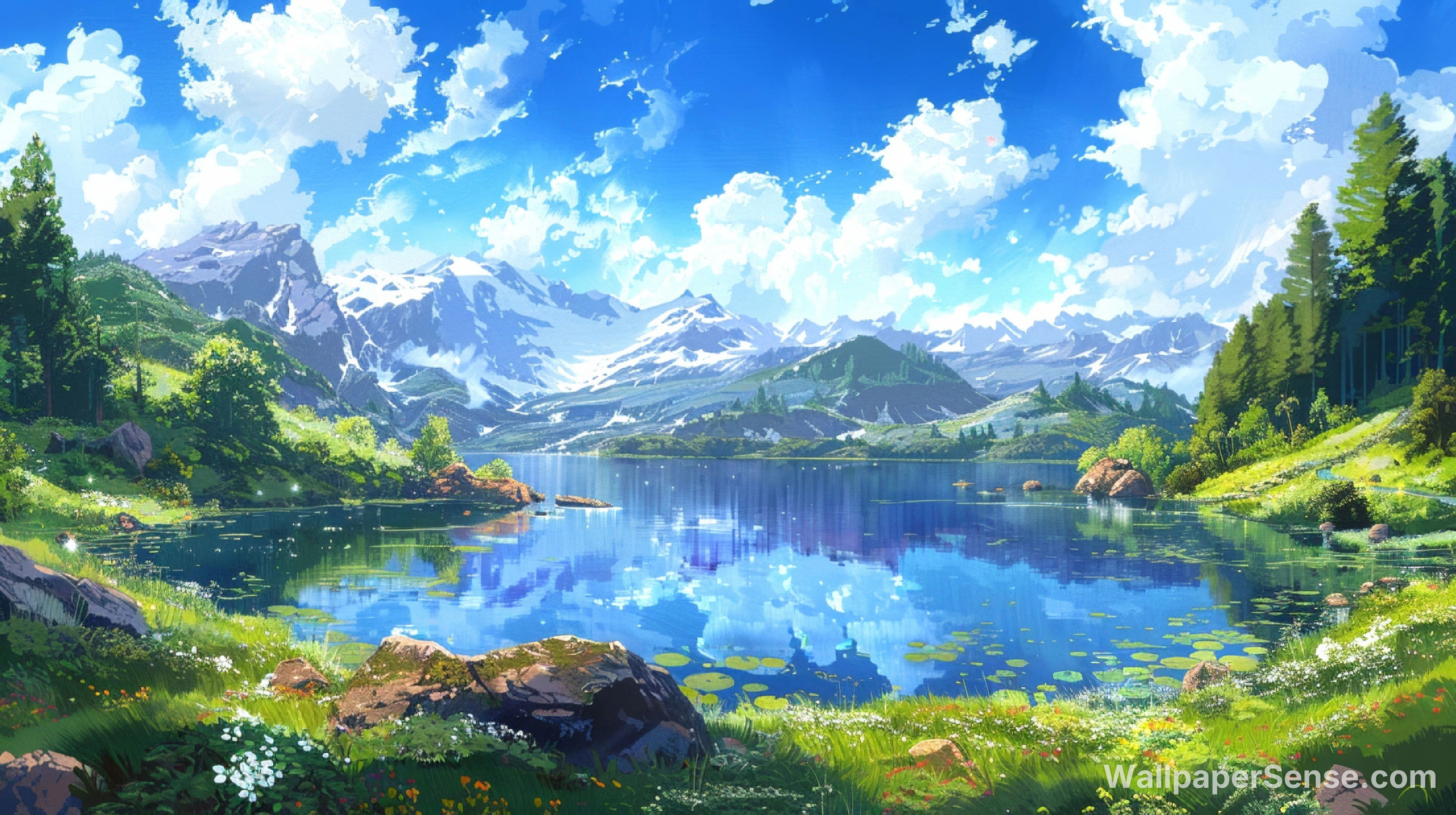 Anime-Style Snowy Mountain Lake Landscape 8K Desktop Wallpaper