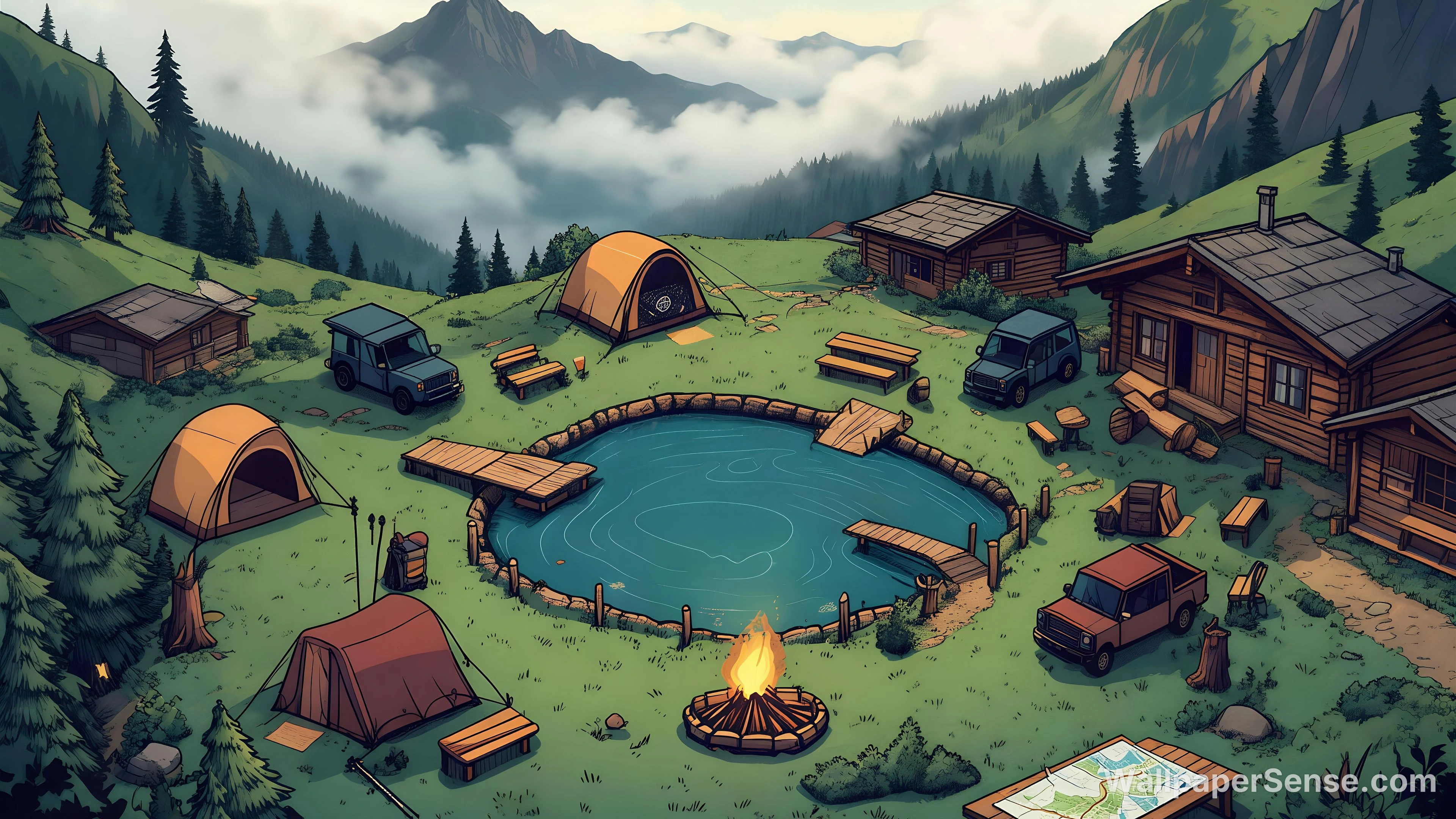 Illustration-Style Forest Vacation 8K Wallpaper Pack - Cartoon-Style Camping Camp 8K Ultra HD Desktop Wallpaper