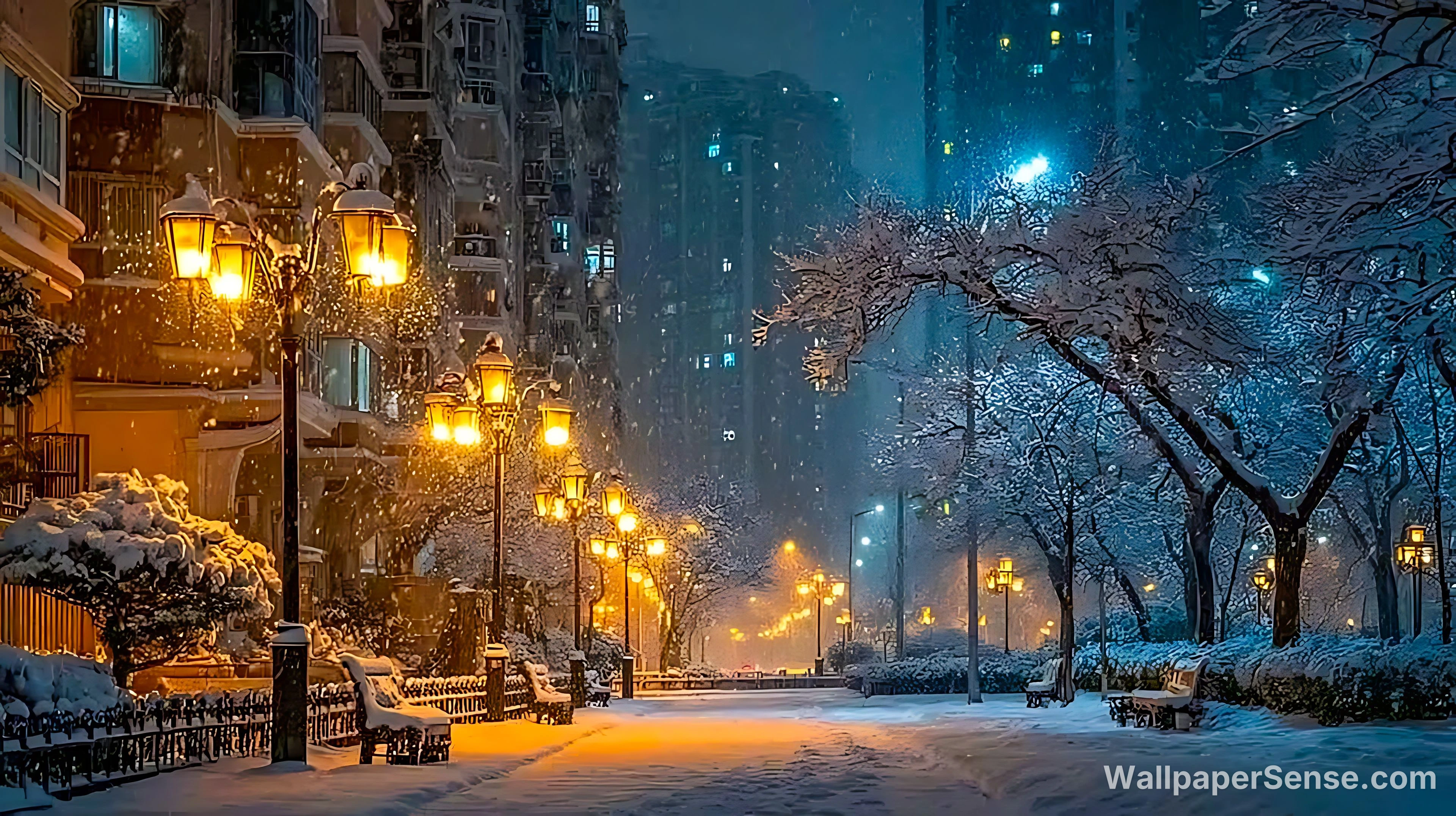 Colección de fondos de pantalla de paisajes invernales urbanos 4K 8K Ultra HD - Paisaje de nieve en noche invernal urbana 4K para escritorio