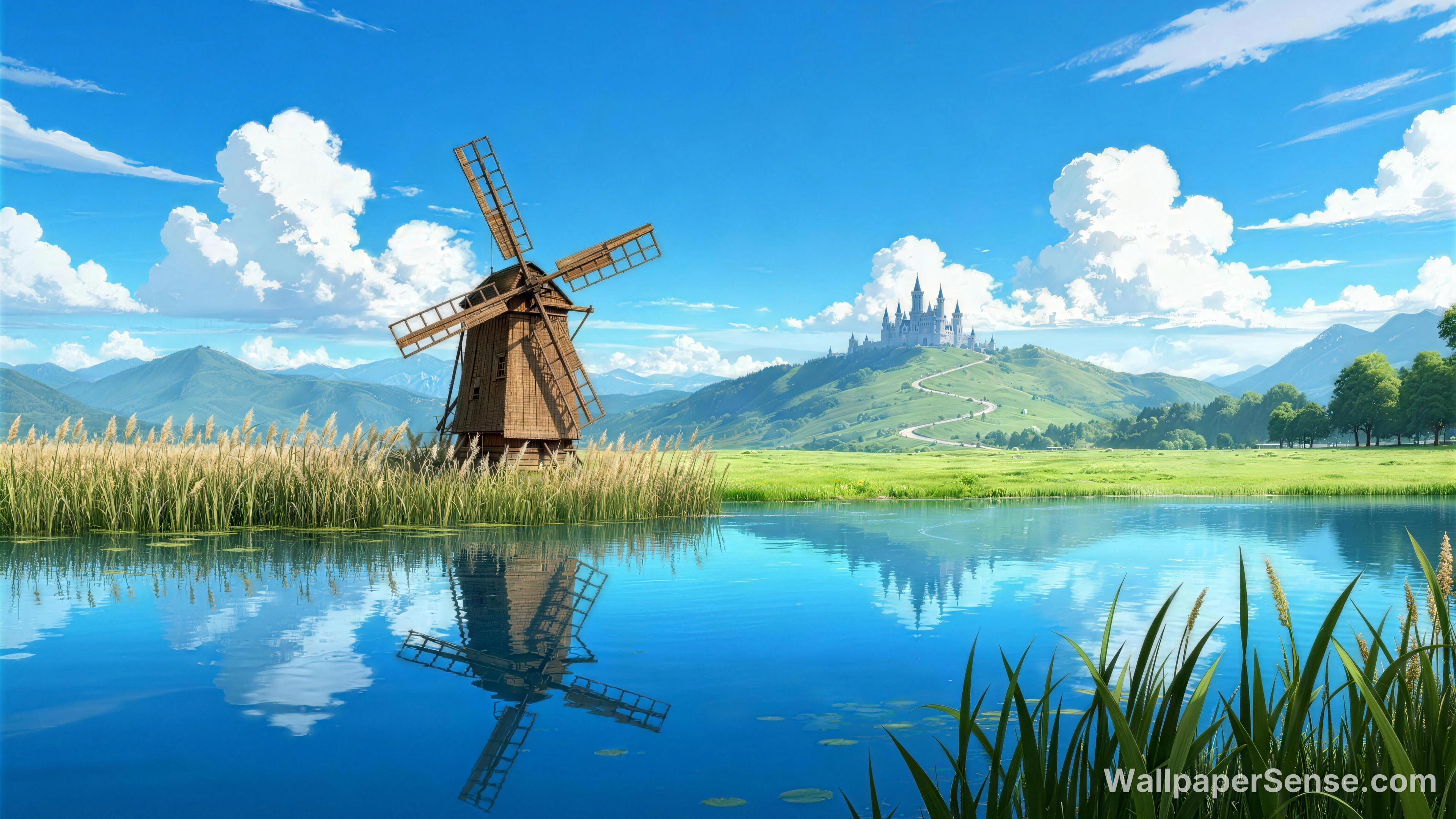 Castello con Mulino a Vento in Stile Anime 8K Wallpaper per Desktop - Premium wallpaper in 8192x4608 resolution