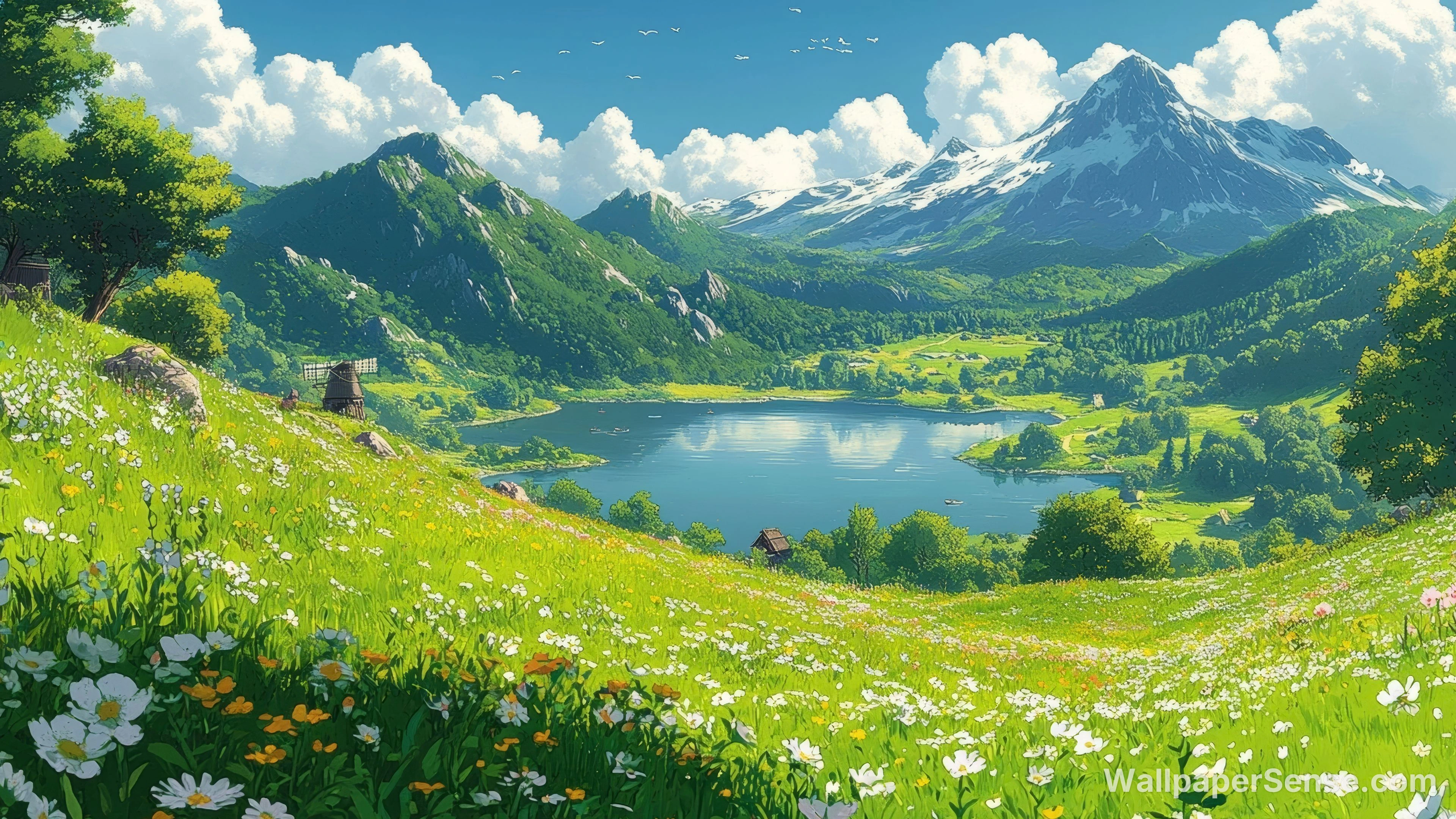 Anime-Style Mountain Lake Flower Field 8K Desktop Wallpaper