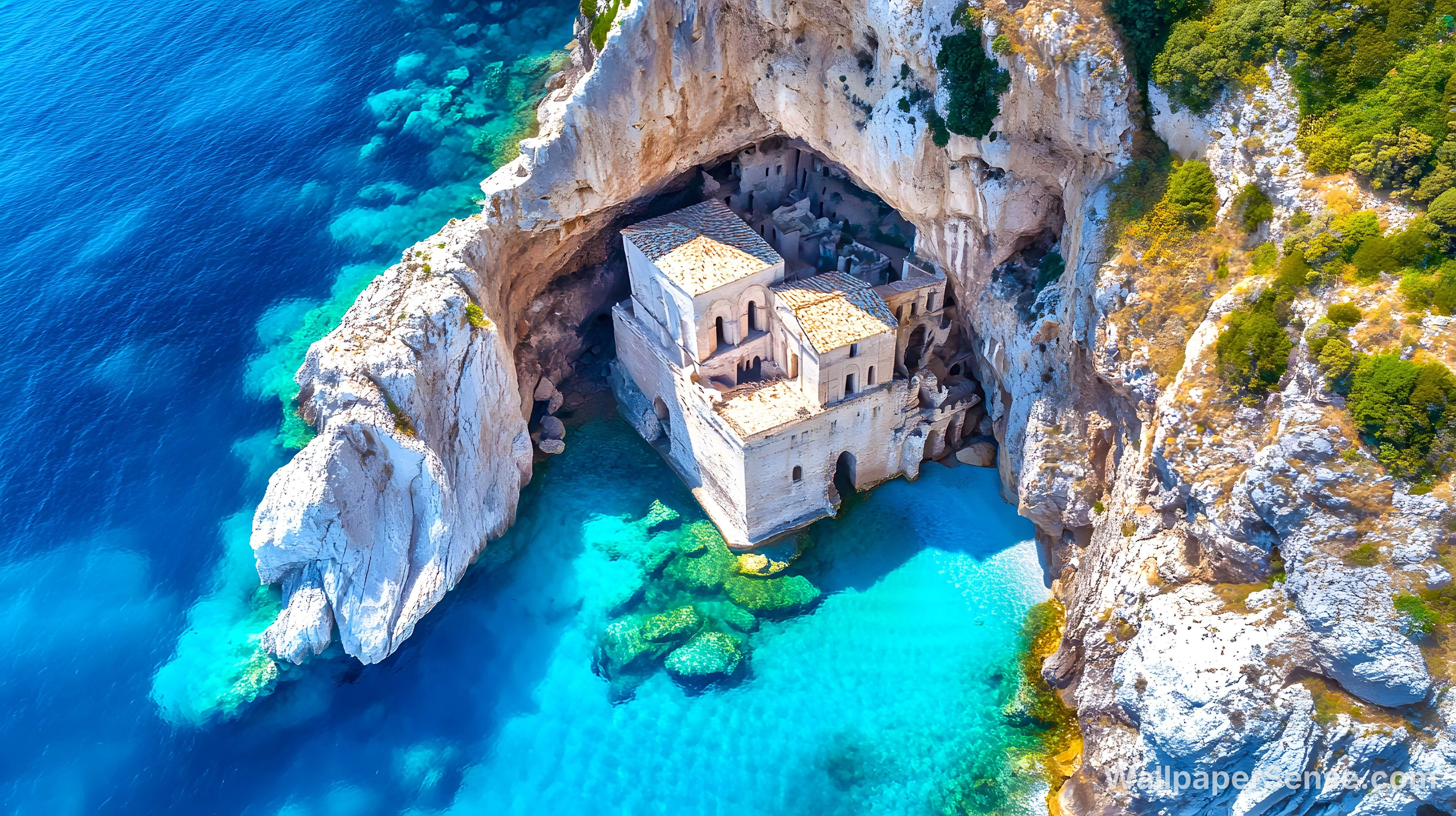 Mediterránský pobřežní klášter 4K stolní pozadí