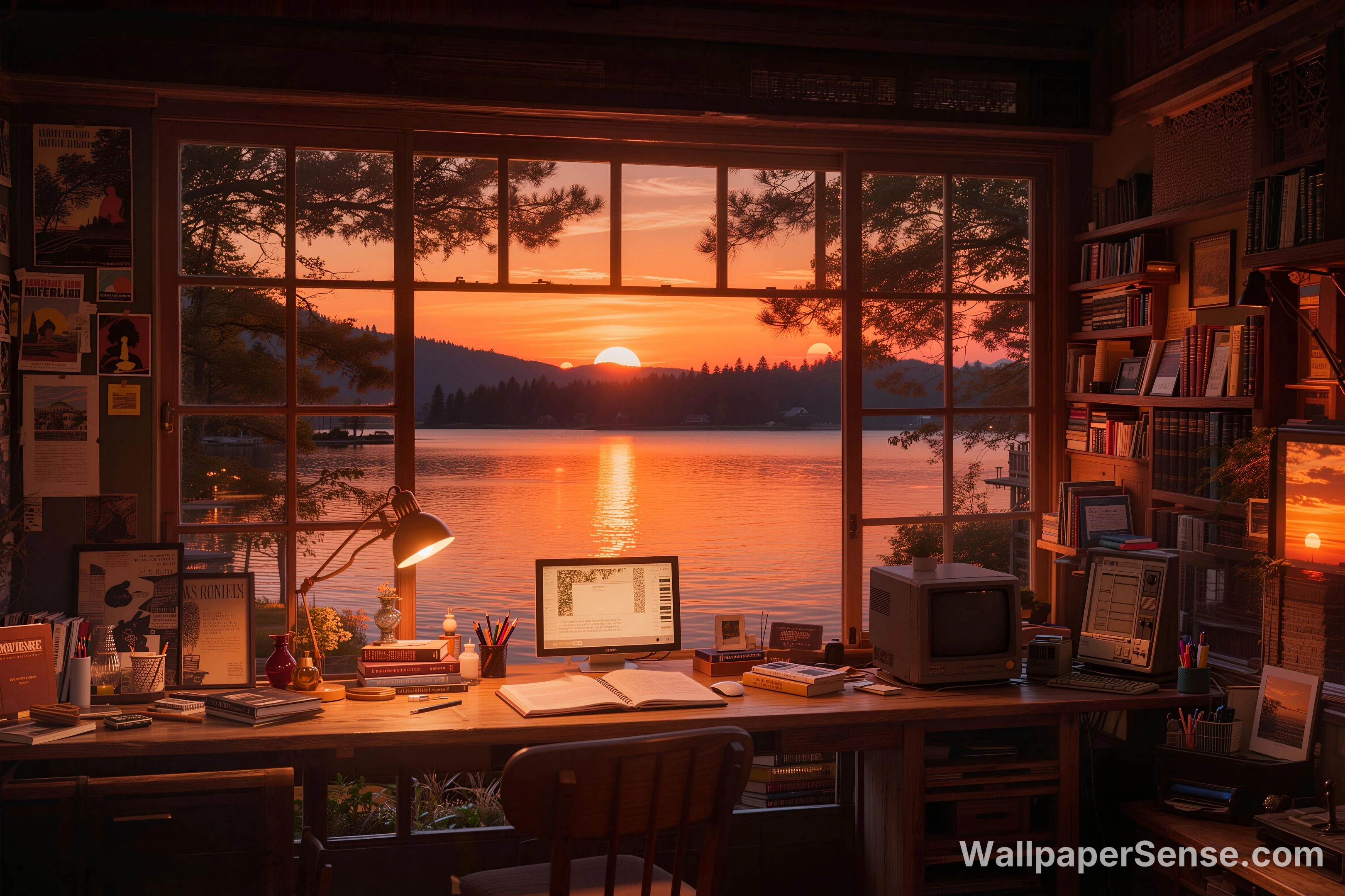 Retro-studie ved innsjø med solnedgang, 8K-skjermbakgrunn - Premium wallpaper in 8192x5460 resolution