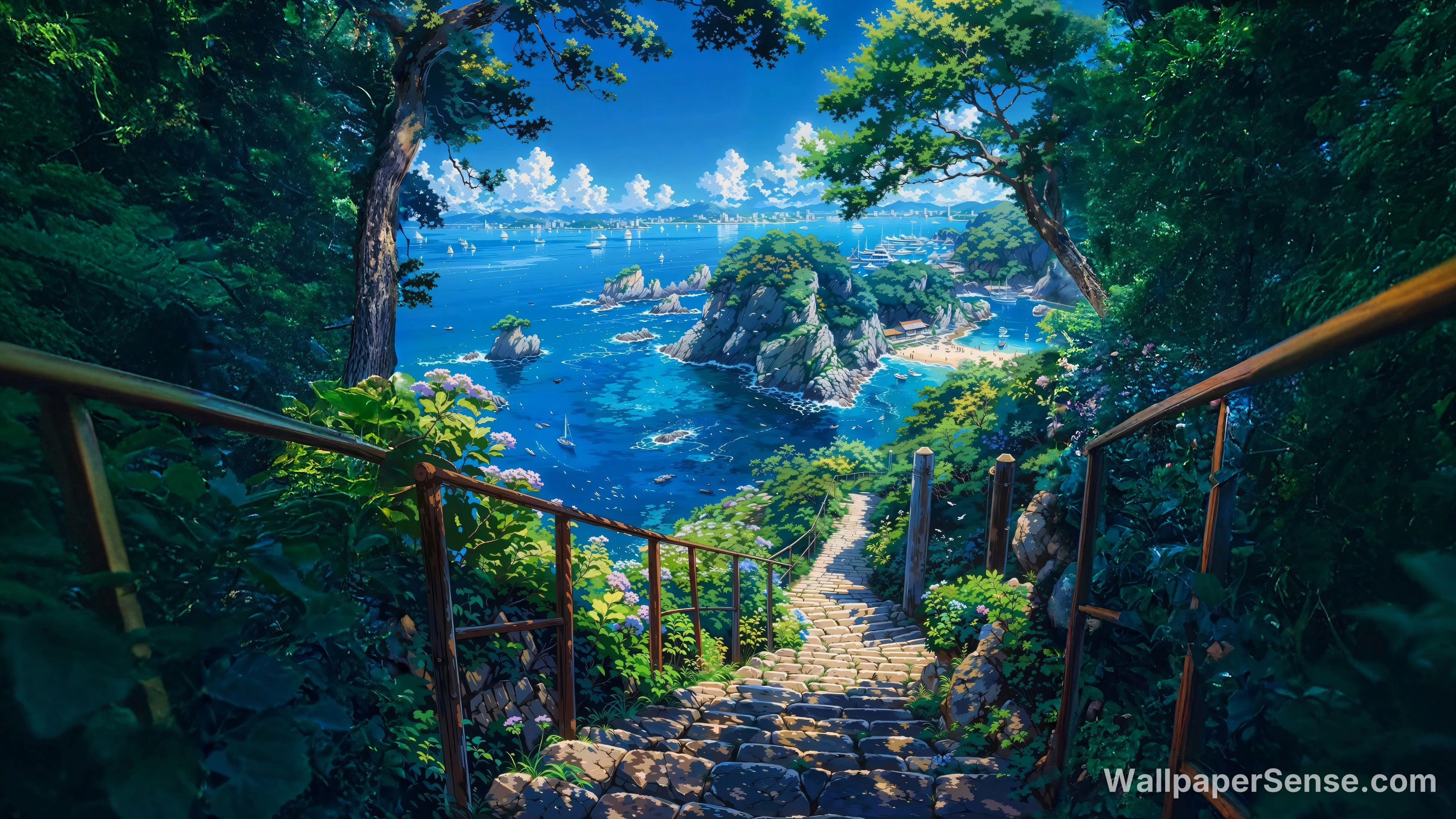 Japansk strandtrappe 8K ultra HD baggrundspakke - Japansk anime-kyst 8K ultra HD baggrundsbillede