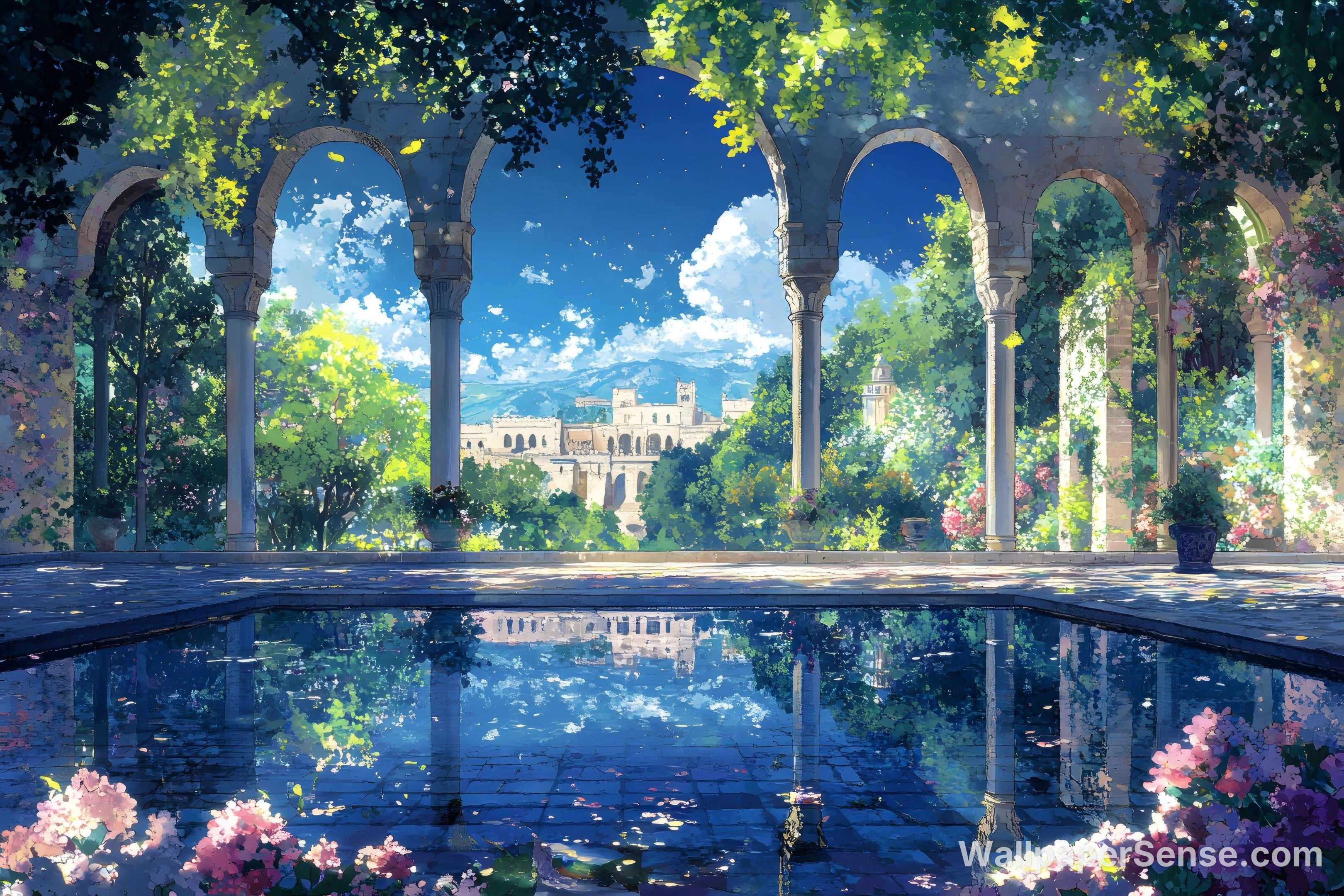 Anime Garden Courtyard 8K Ultra HD Desktop Wallpaper