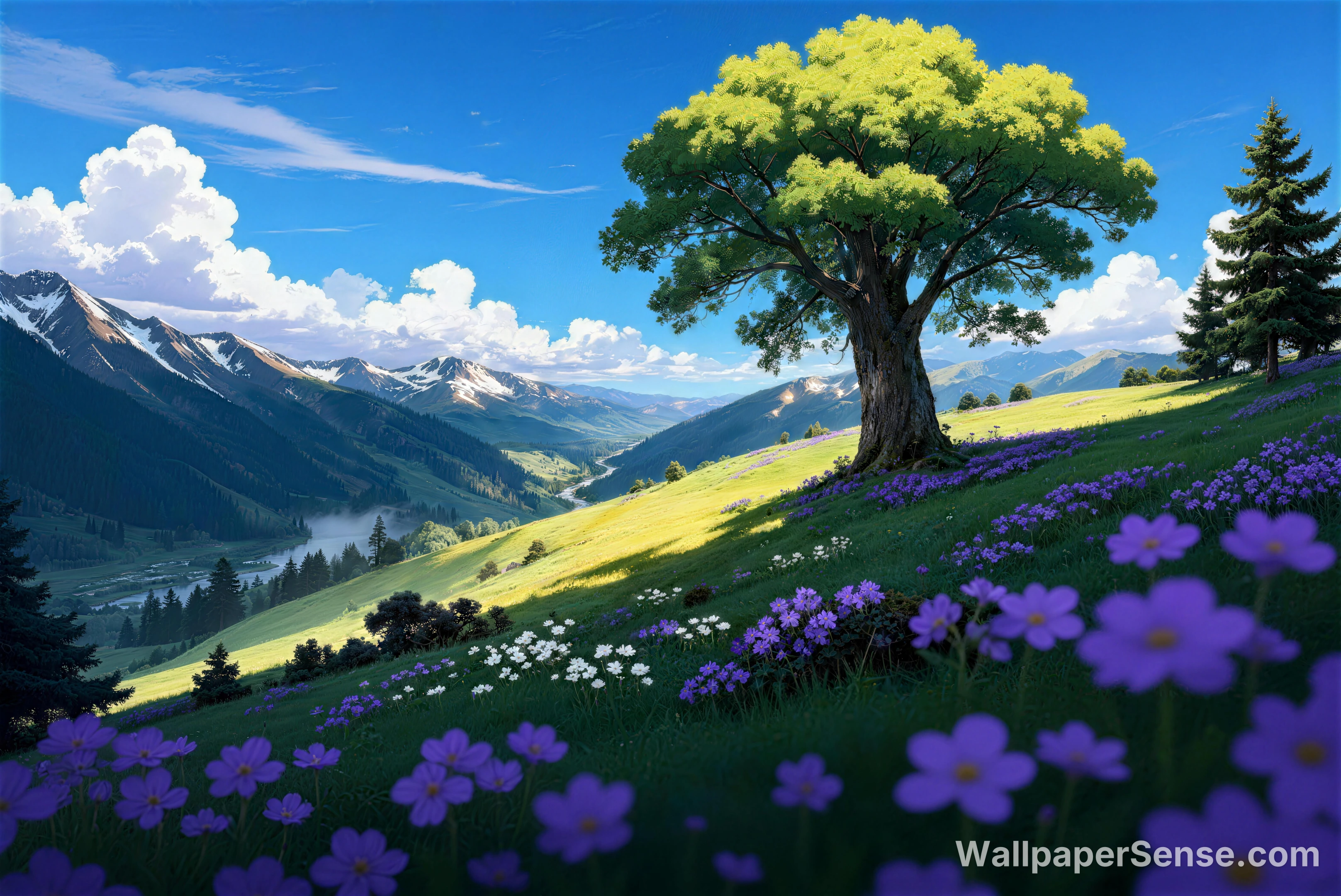 Anime-Style Mountain Flower Field 8K Desktop Wallpaper