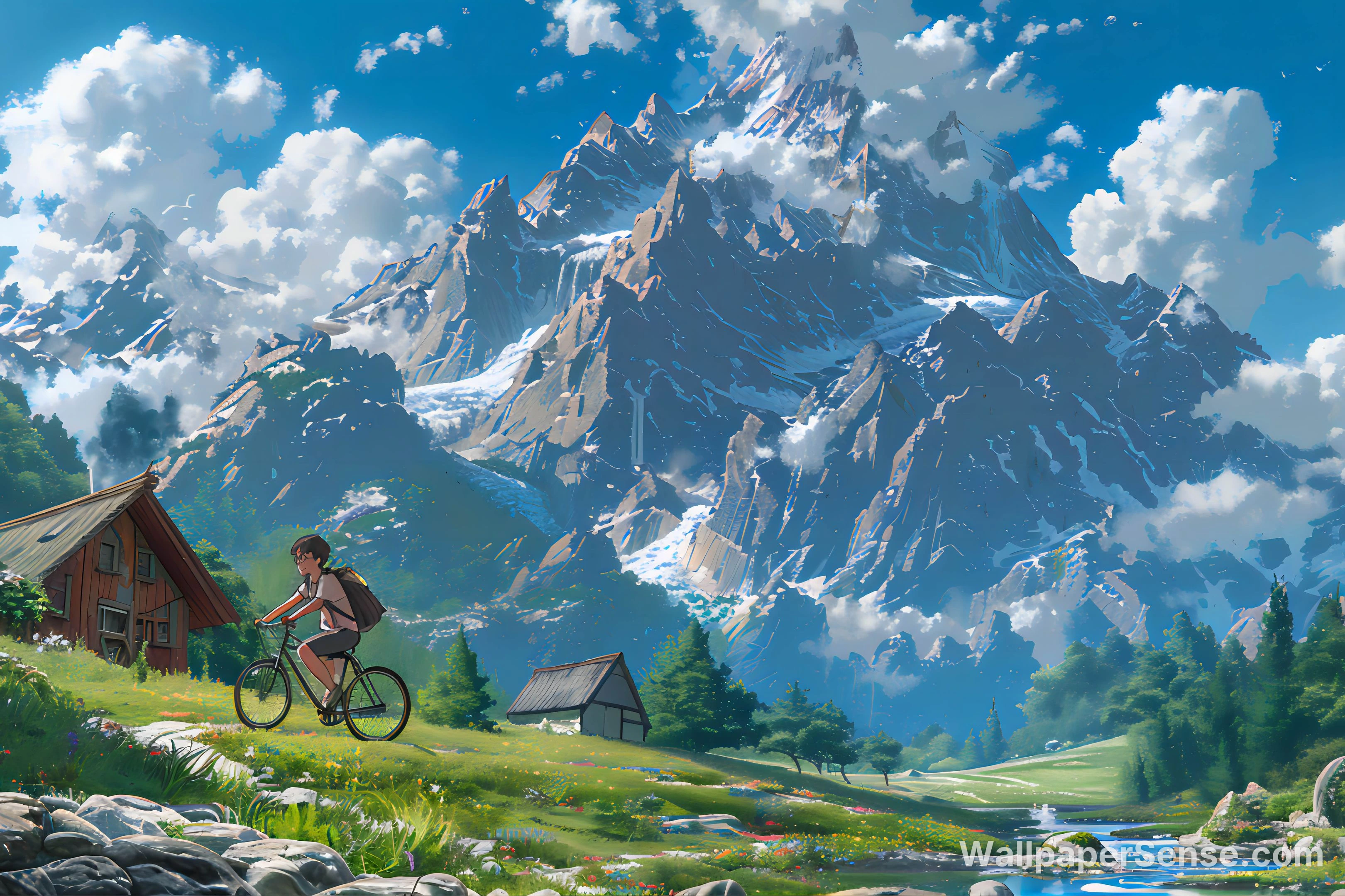 Cyklistika v horách ve stylu Studio Ghibli, 8K pozadí pro plochu - Premium wallpaper in 6726x4484 resolution