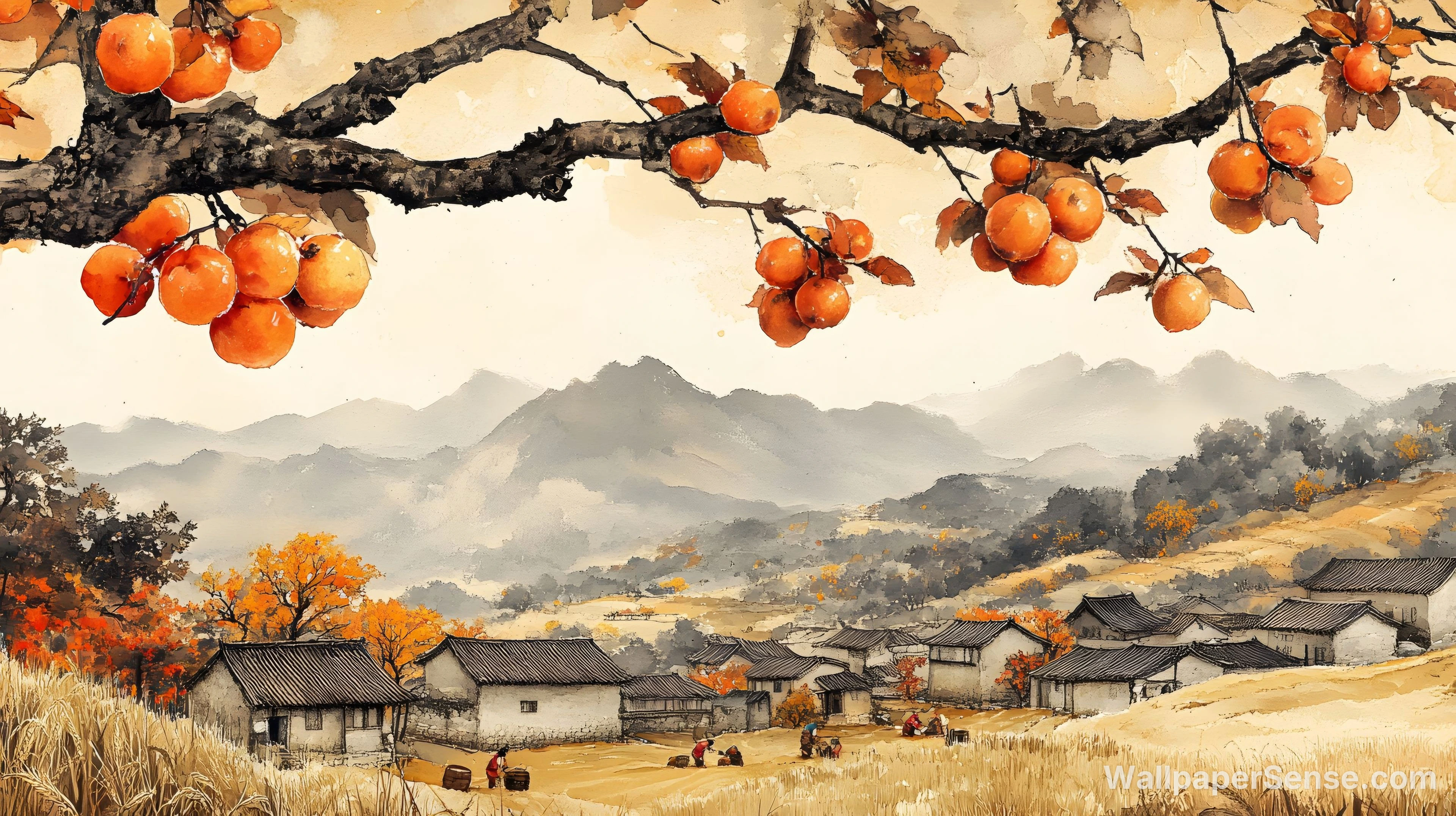 Chinese Style Persimmon Tree 8K Ultra HD Desktop Wallpaper