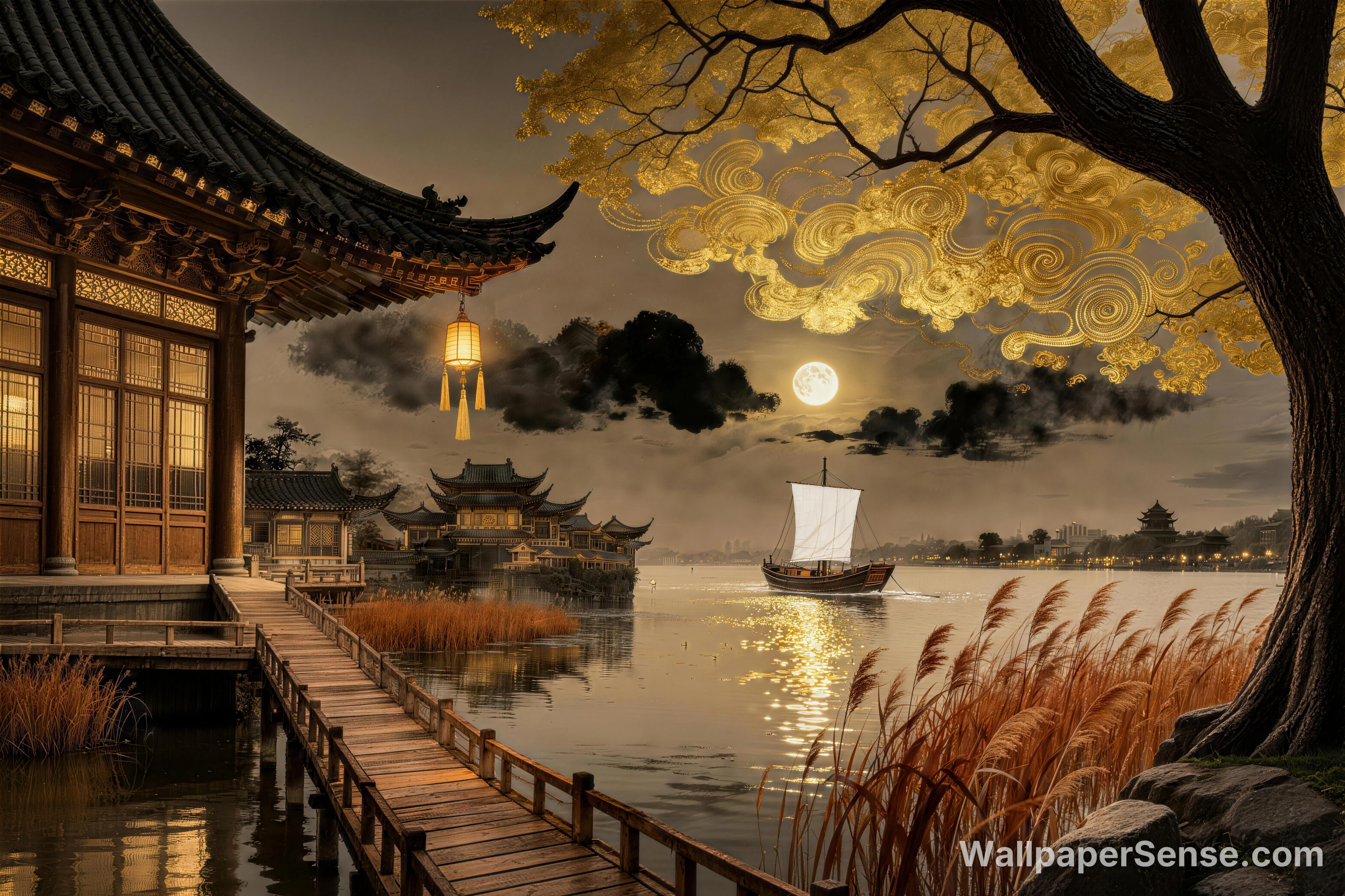 Oriental-stil gammel pavillon om natten, 8K ultra HD baggrundsbillede - Premium wallpaper in 8192x5461 resolution