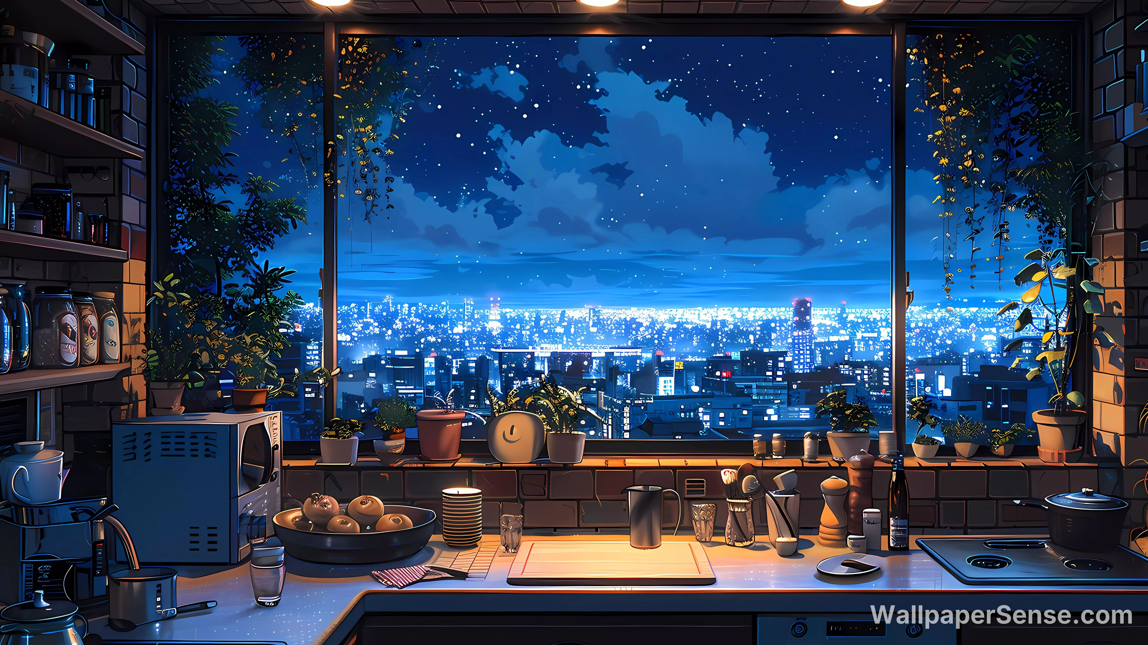 Japonské městské panory v noci 4K 8K Ultra HD sbírka pozadí - Anime městská noční kuchyň 8K Ultra HD stolní pozadí