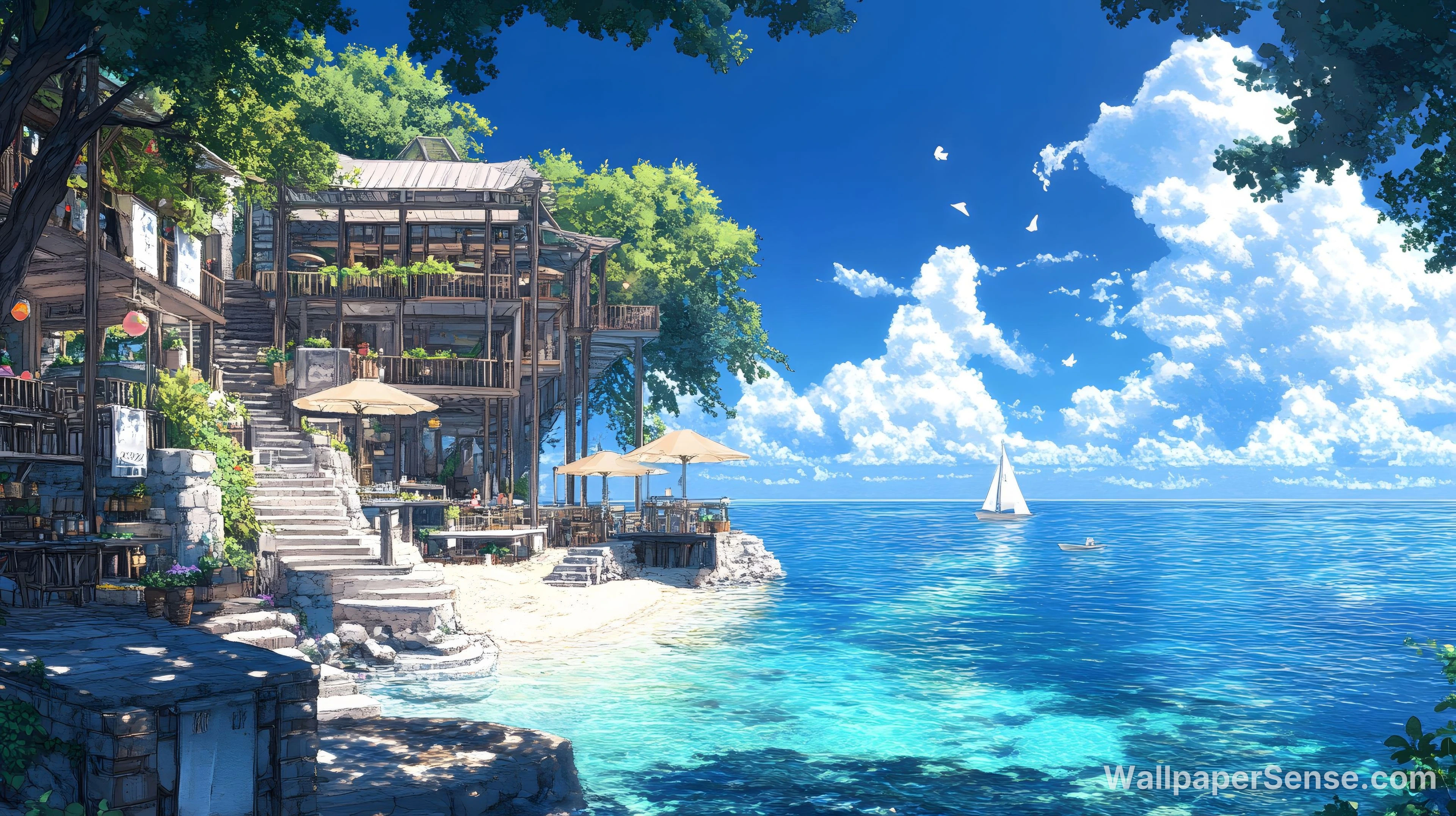 Japansk kystlandskab 8K ultra HD desktoptapetpakke - Japansk Anime-strandhytte 8K ultra HD baggrundsbillede
