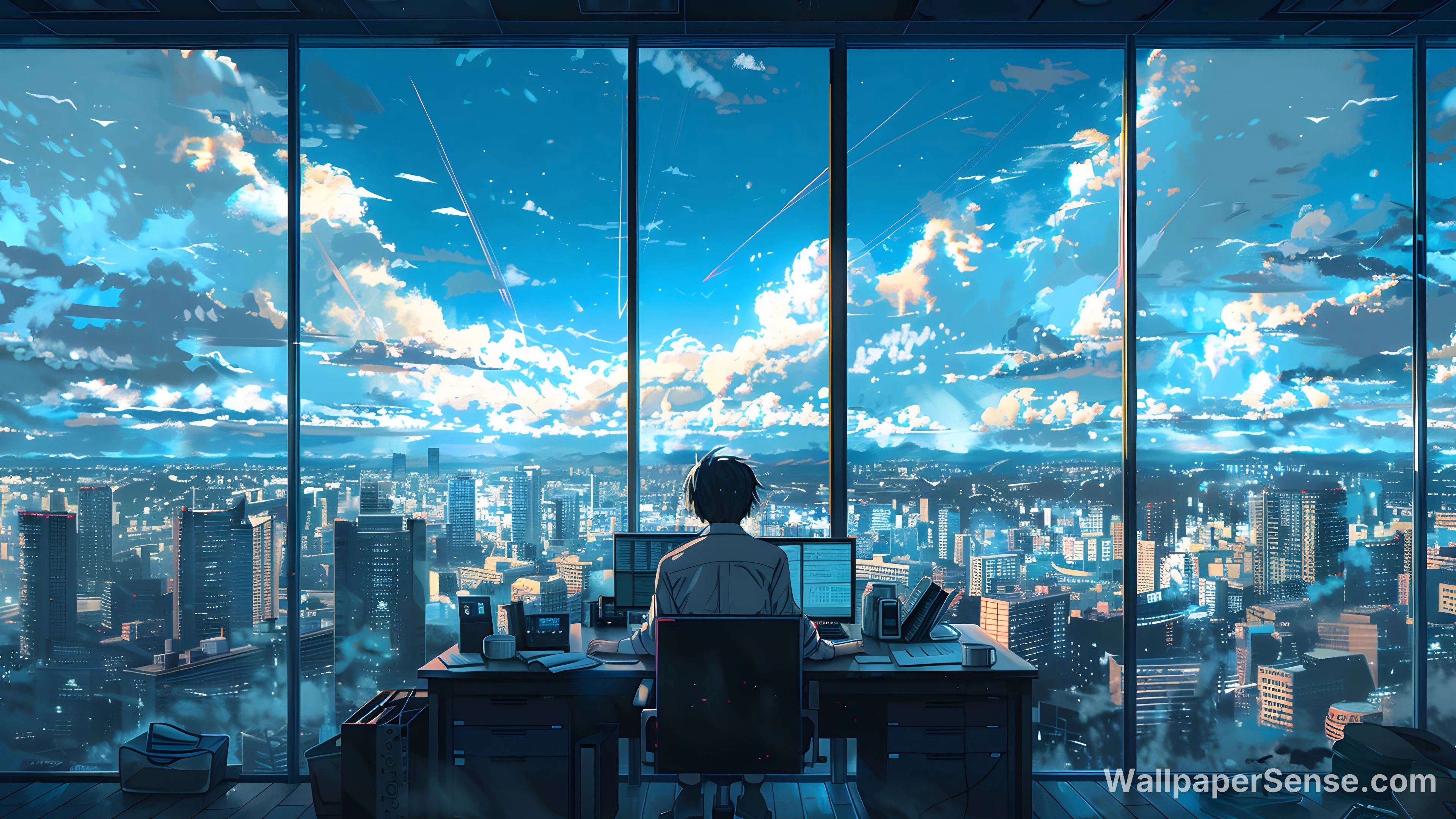 Papel de Pared 8K Ultra HD de Escena Urbana Animada en Oficina
