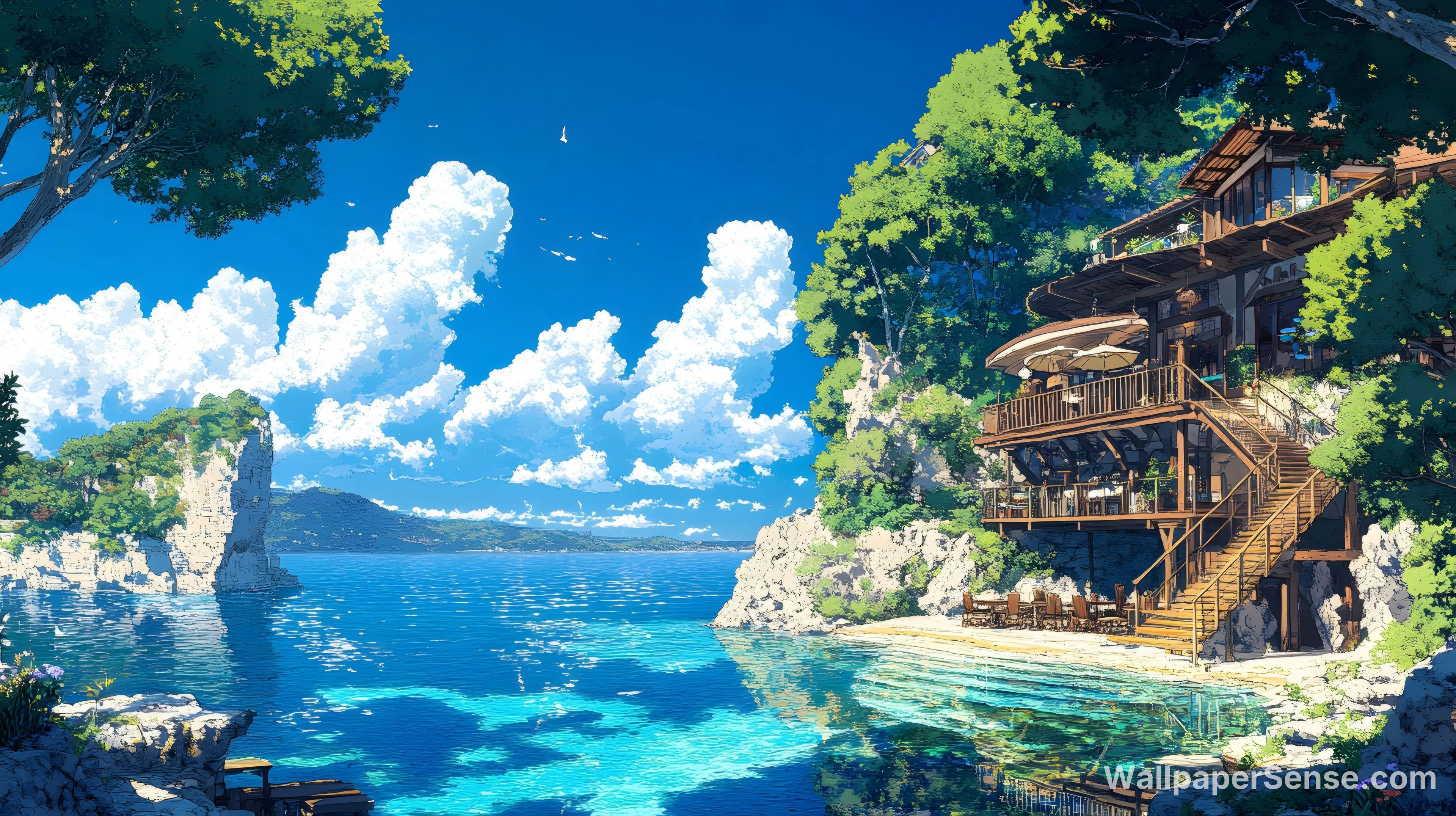 Cabana de Madeira à Beira-Mar no Estilo Anime Japonês – Papel de Parede 8K para Desktop - Premium wallpaper in 8000x4484 resolution