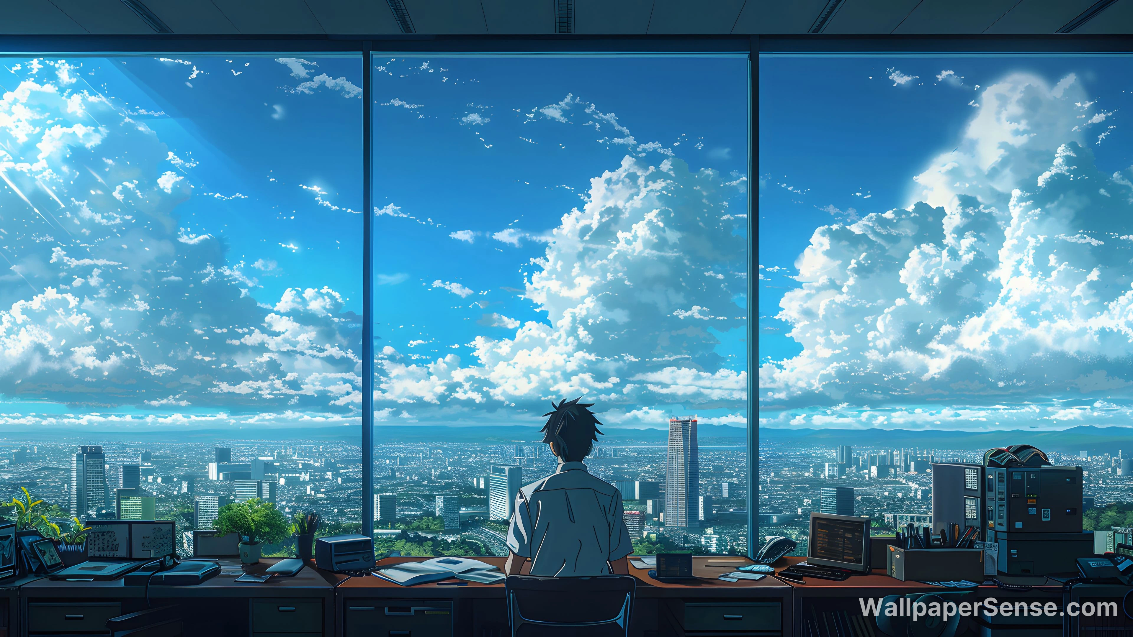 Paisaje urbano de oficina en estilo anime 8K Ultra HD para escritorio