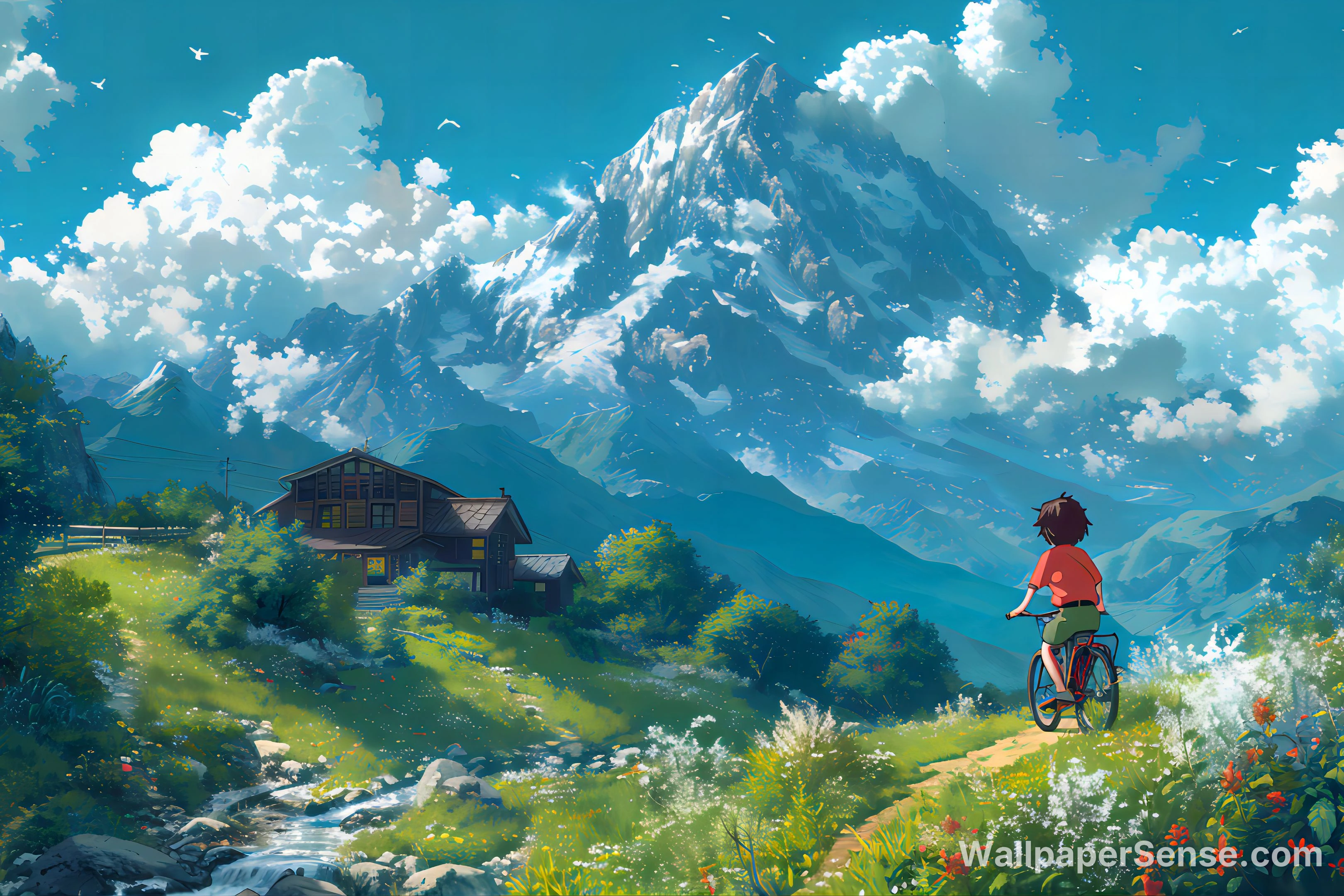 Ilustração no Estilo Studio Ghibli de Ciclismo nas Montanhas — Papel de Parede 8K para Desktop - Premium wallpaper in 6726x4484 resolution