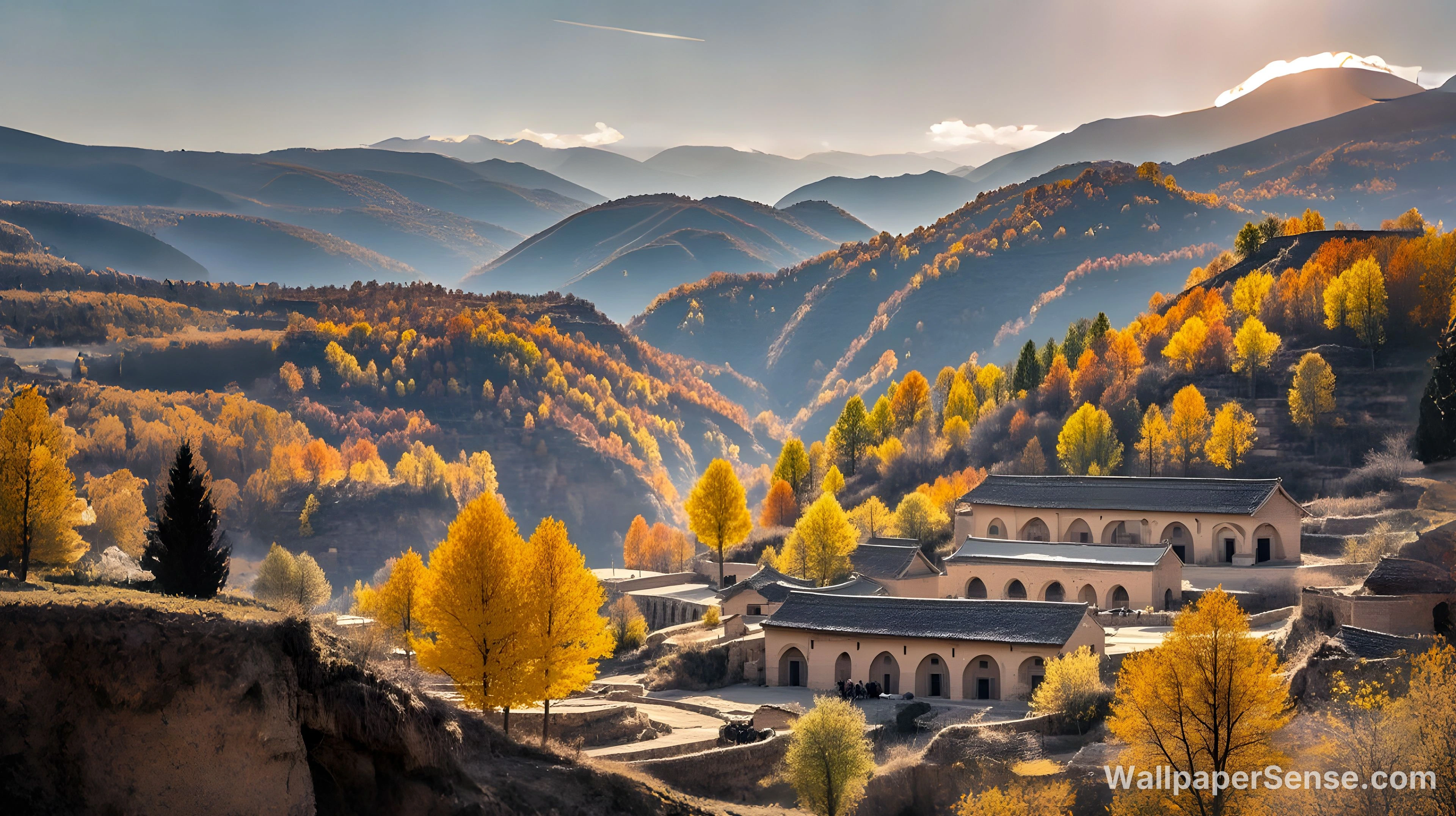Orientální podzimní krajina 4K 8K Ultra HD sbírka pozadí - Autumn Mountain Monastery 4K Desktop Wallpaper