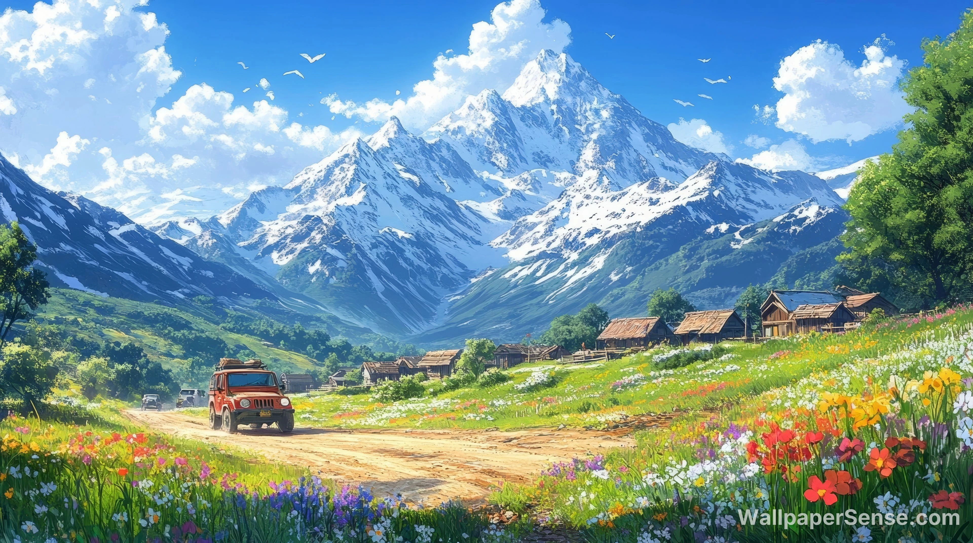 Anime-Style Snowy Mountain Prairie 8K Desktop Wallpaper