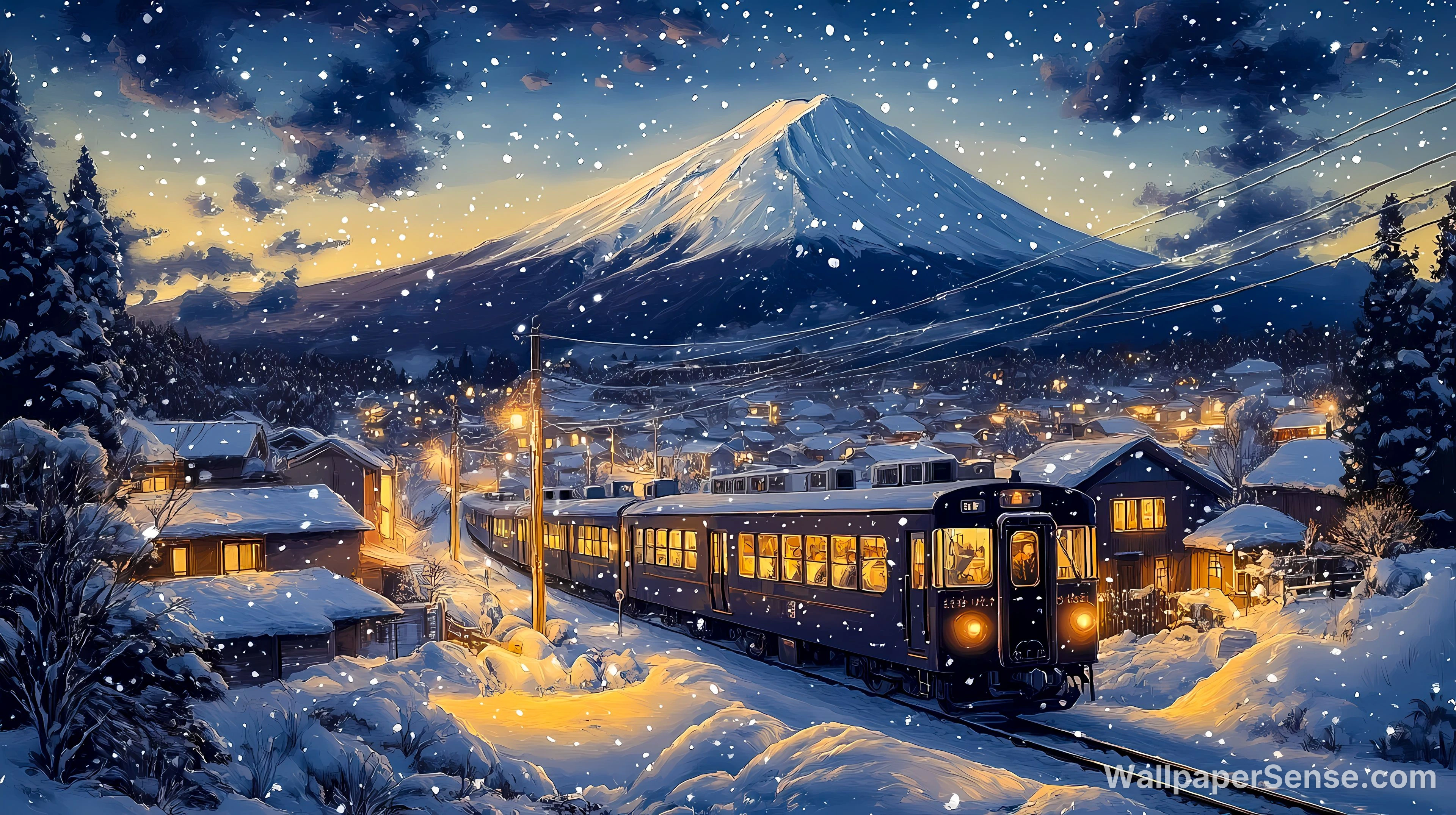 Japonská zimní vlaková cesta 4K stolní pozadí