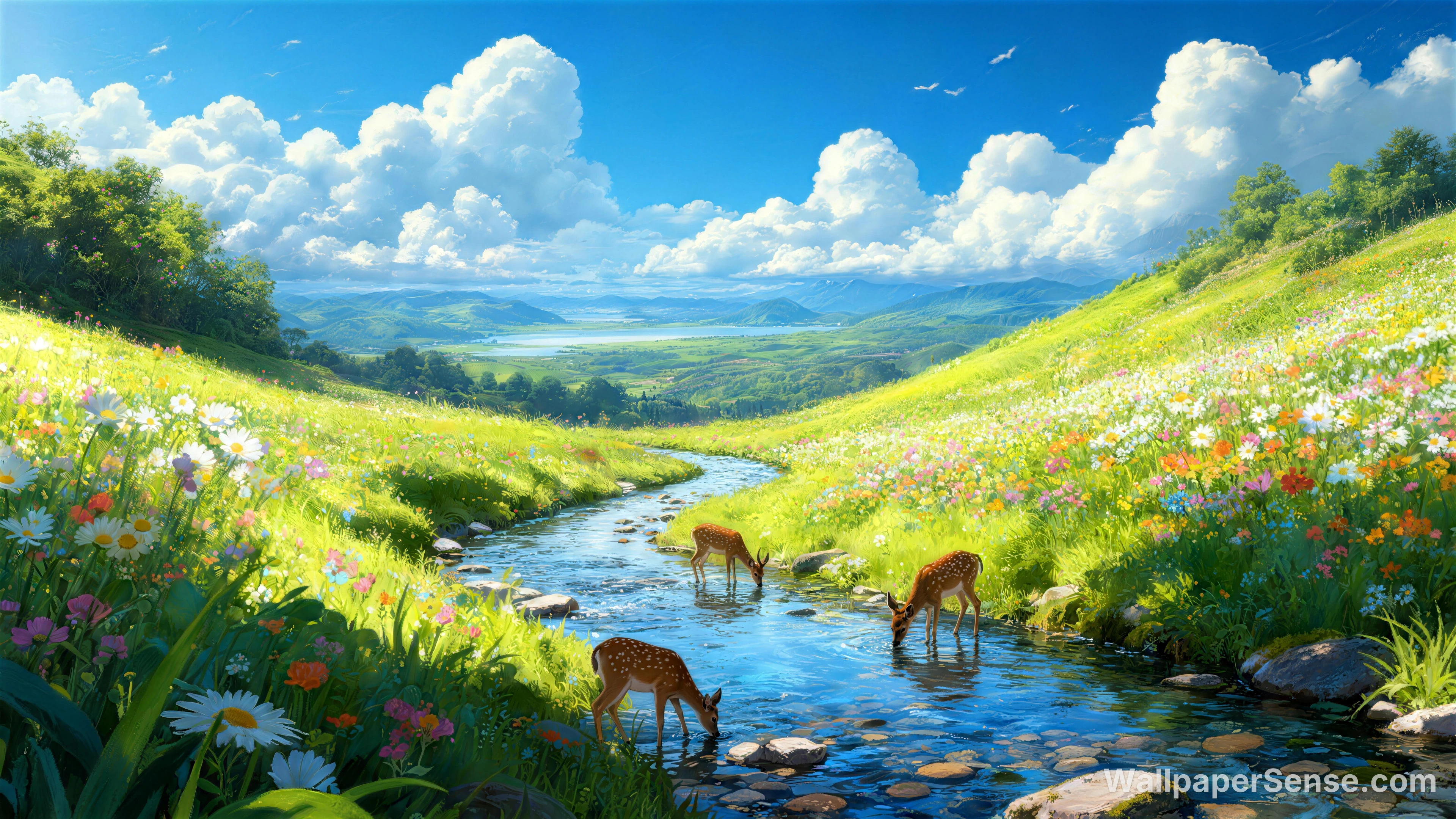 Studio Ghibli-stil strøm og hjorteflok 8K skrivebordsbaggrund