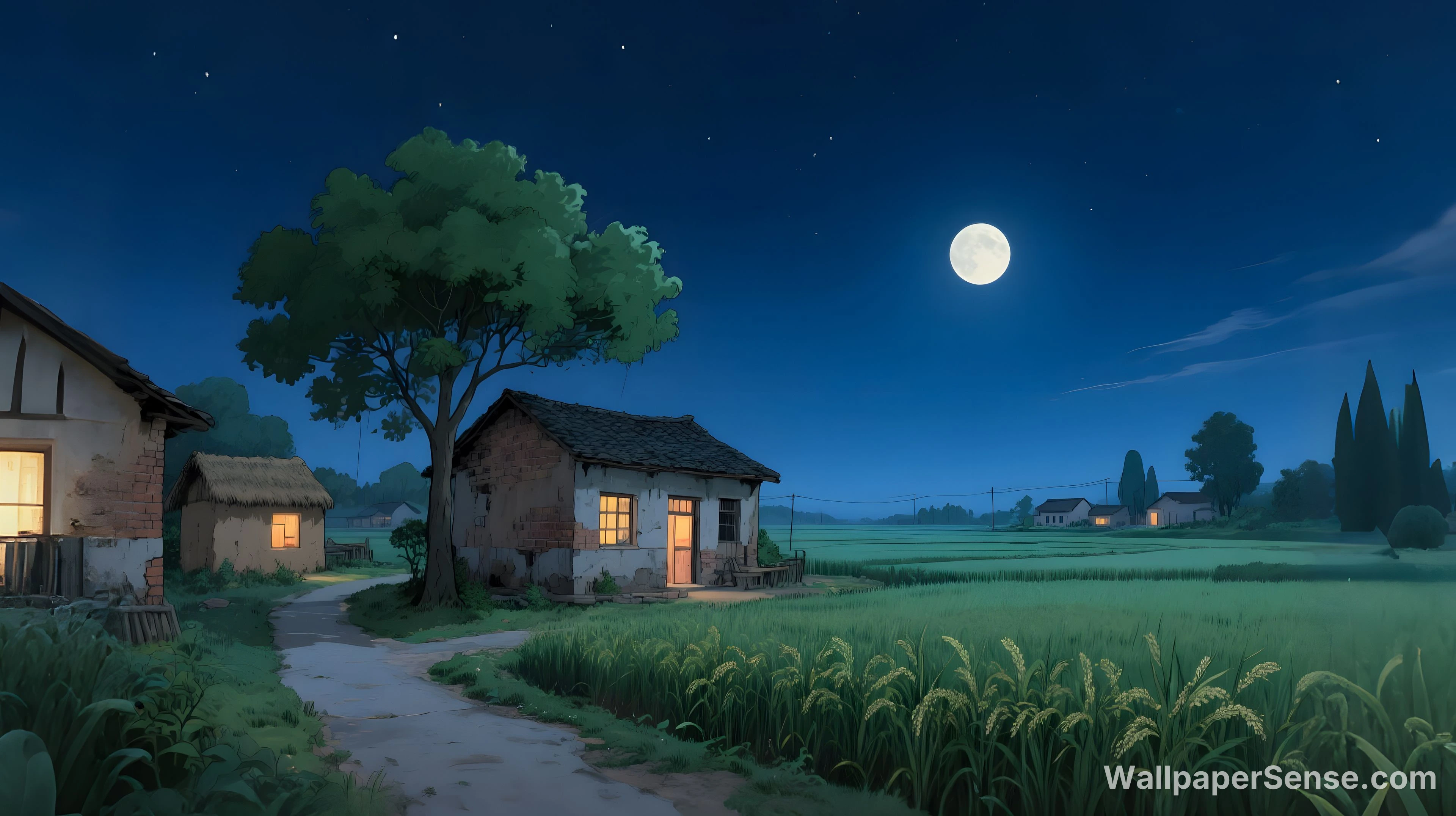 动漫村庄夜景 4K 桌面壁纸