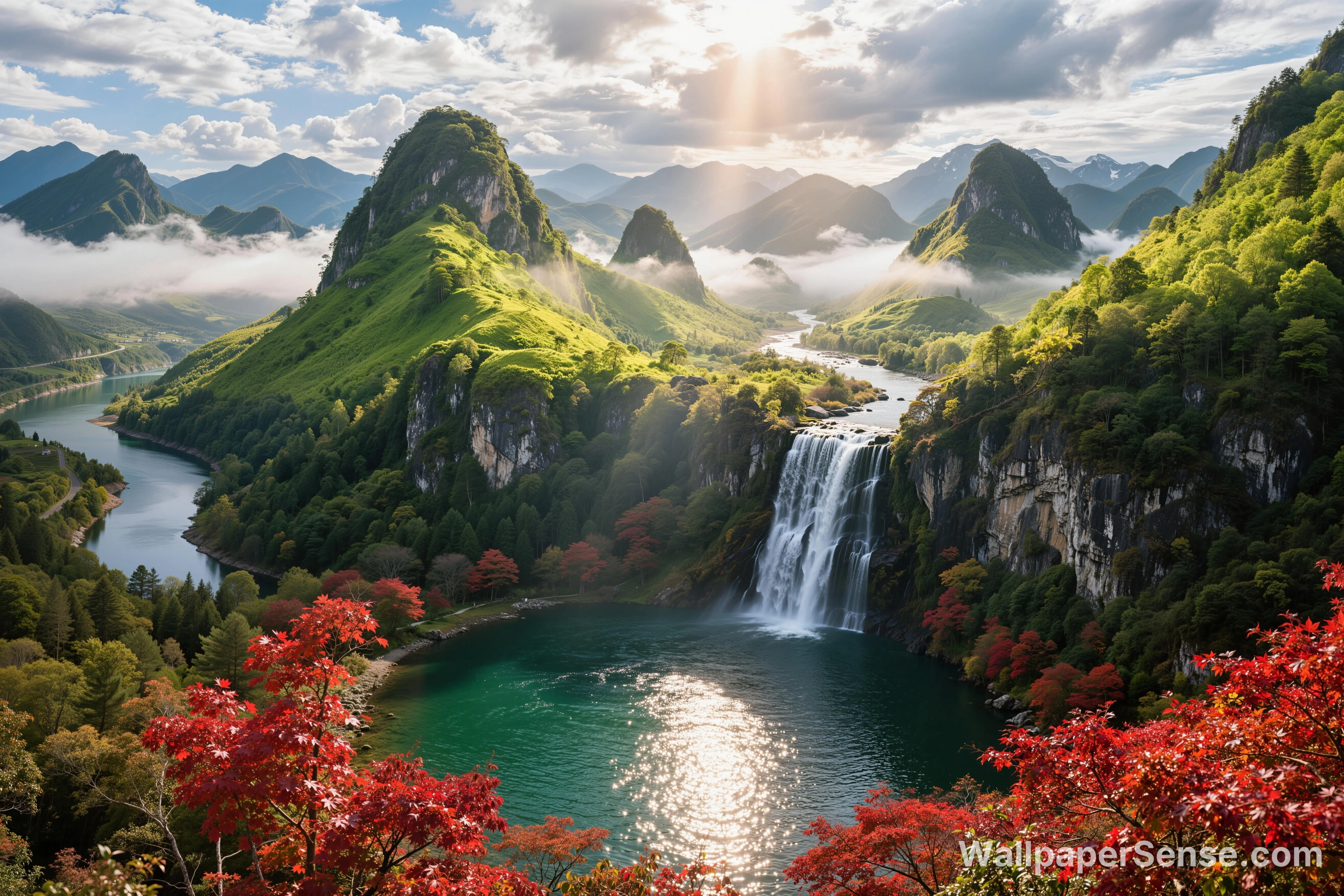 山水画风瀑布峡谷 8K 超高清桌面壁纸 - Premium wallpaper in 6912x4608 resolution