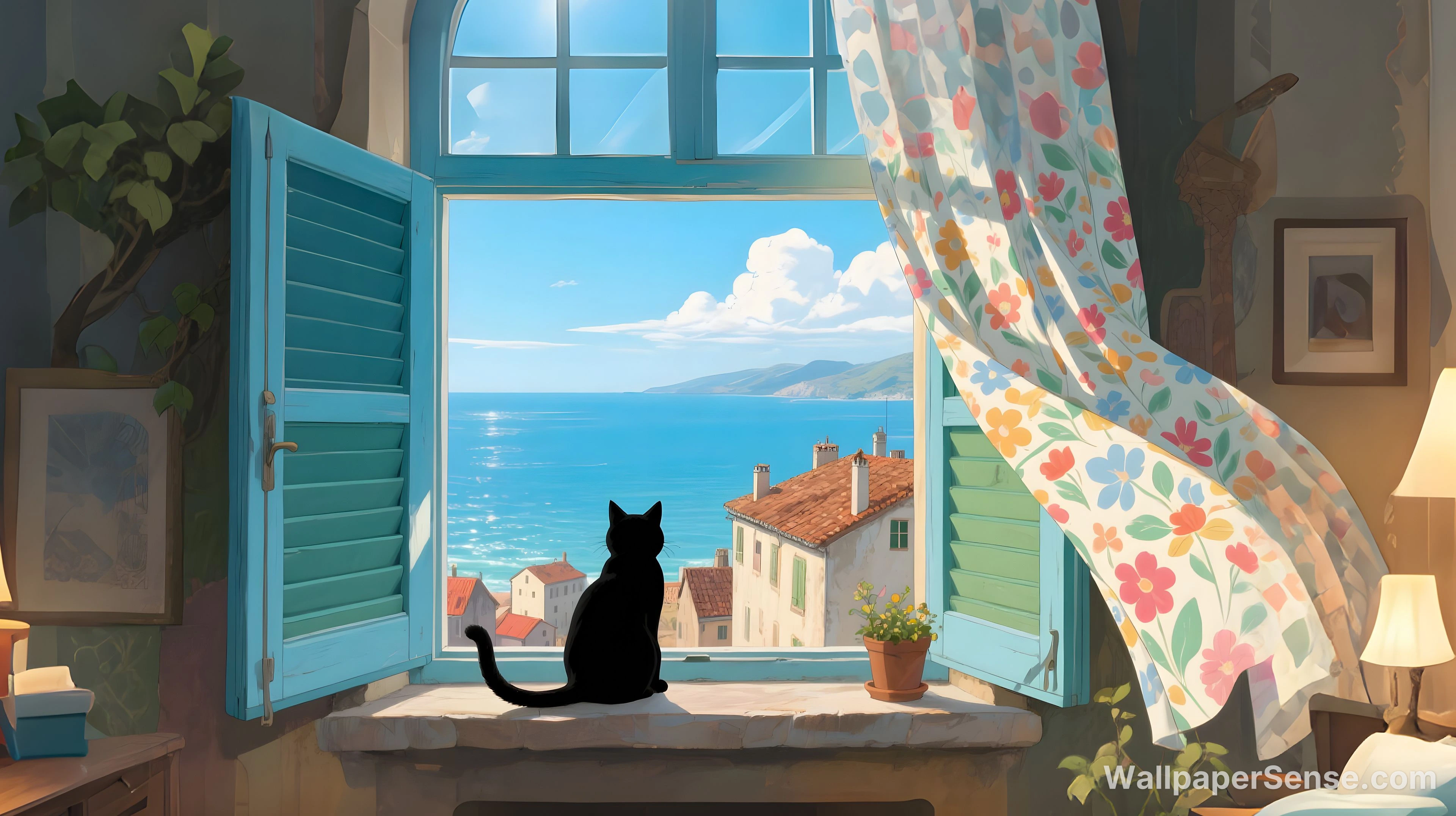 Collection de fonds d'écran 4K 8K Ultra HD avec chats et paysages méditerranéens - Illustration Chat au Fenêtre avec Vue sur la Mer 4K Fond d'Écran