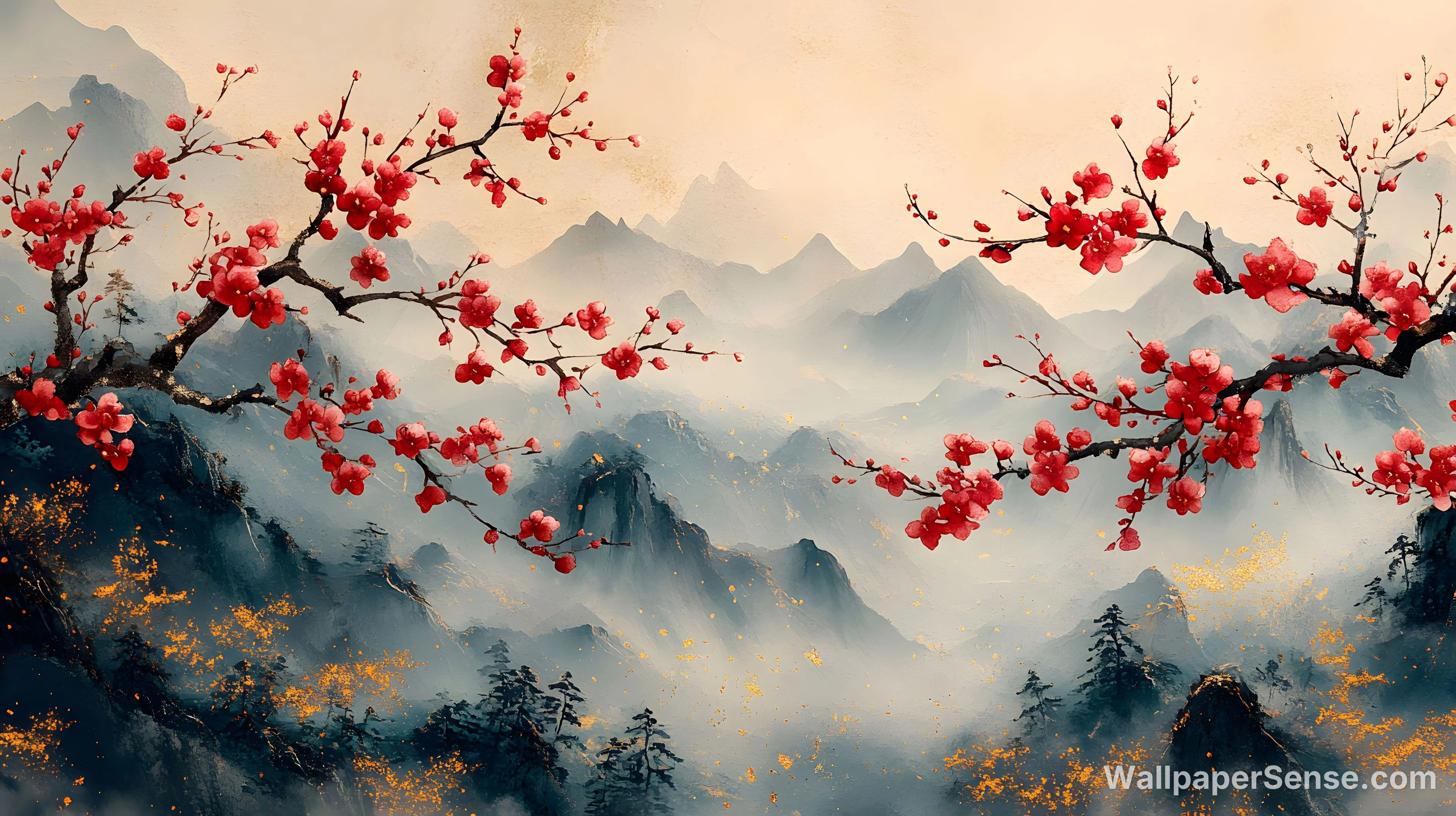 Chinese Style Plum Blossom Mountain Landscape 8K Ultra HD Desktop Wallpaper