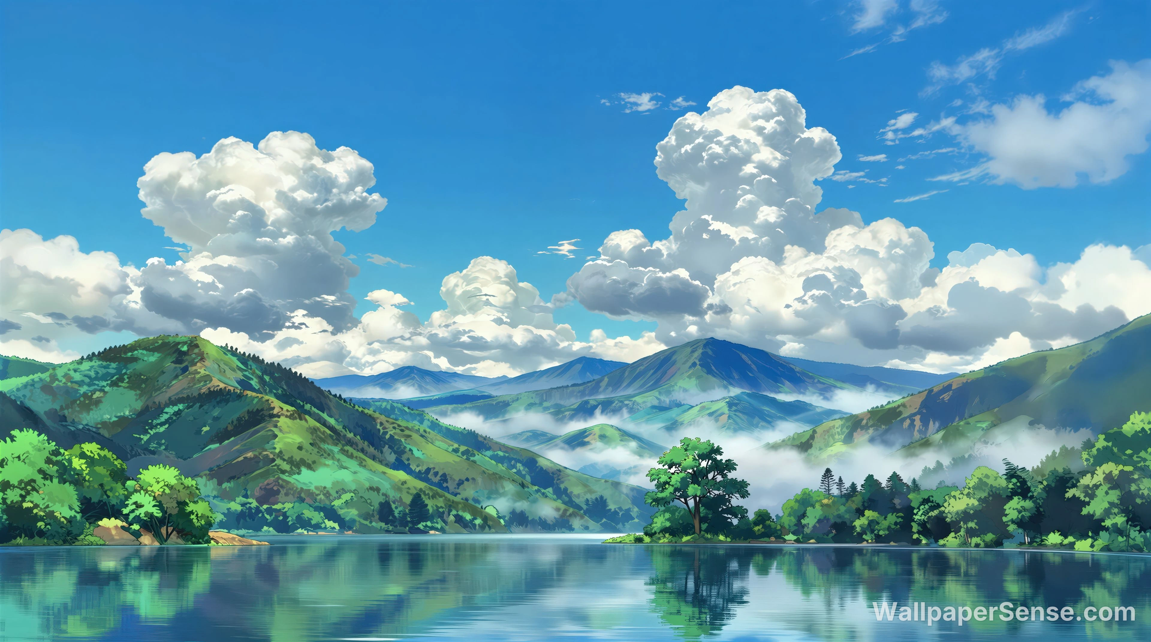 Anime styl horizontální hory a jezero 8K ultra HD stěnový papír
