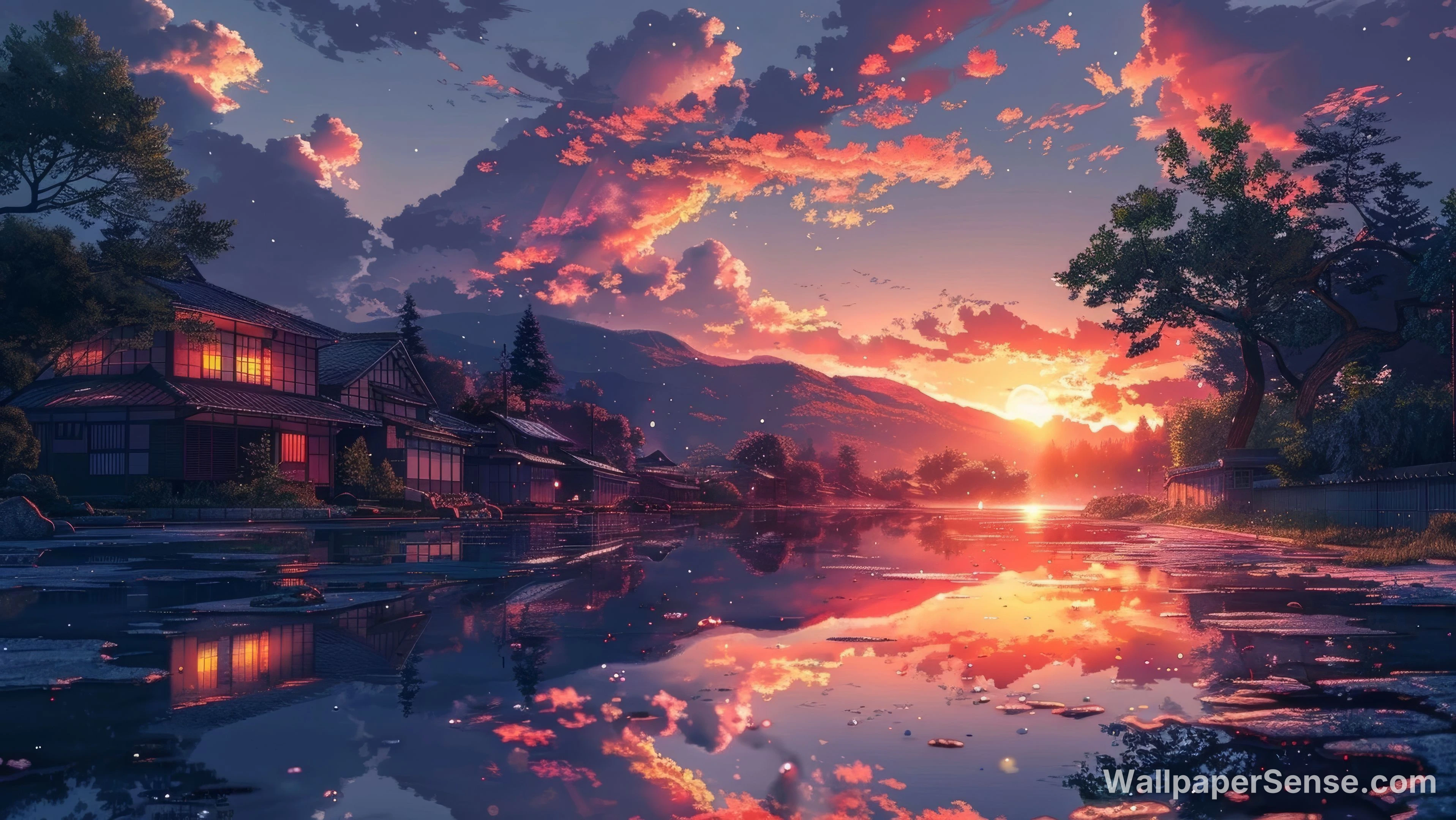Japonská vesnice při západu slunce 8K ultra HD stěnový obrázek
