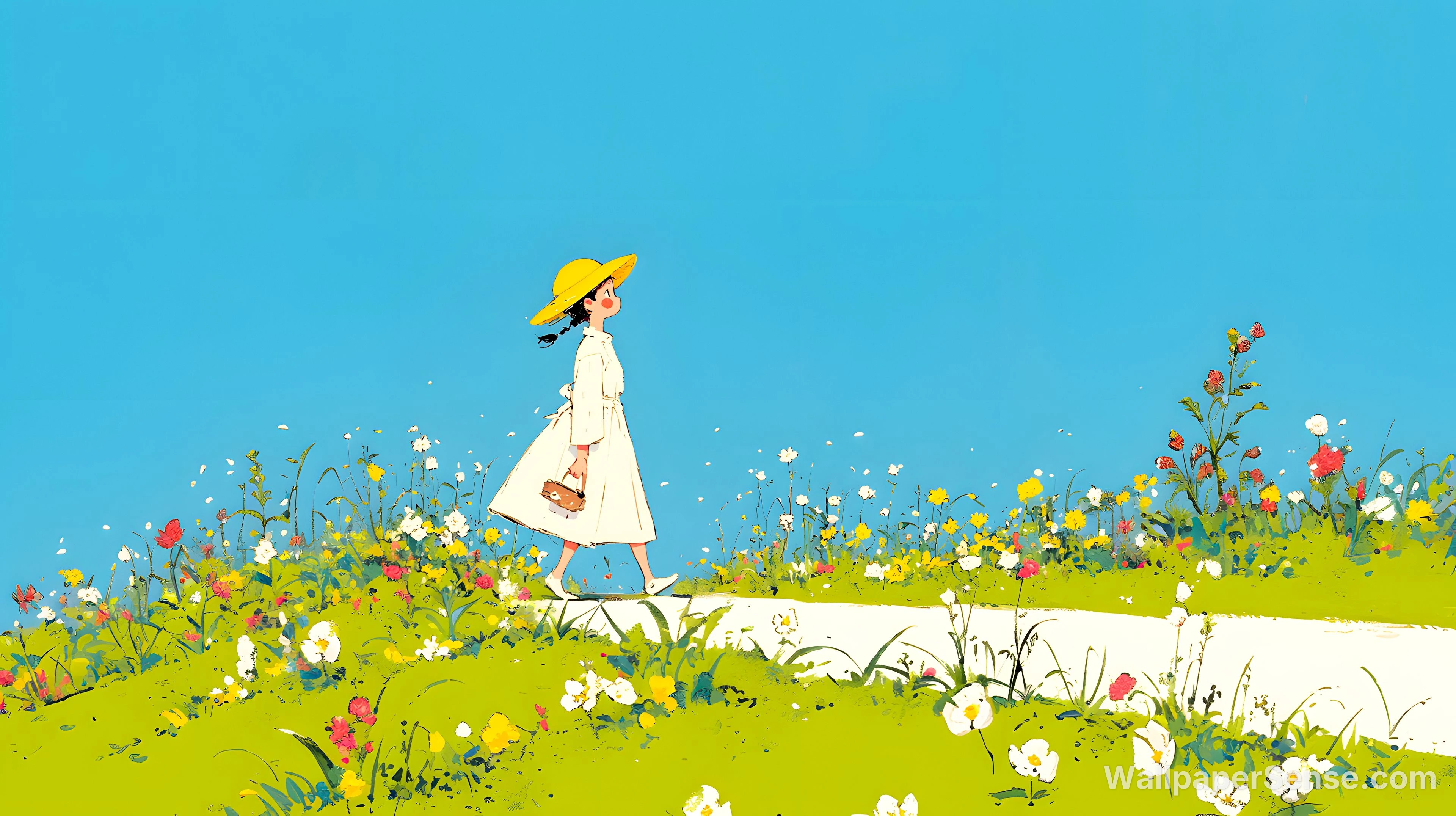 Dziewczyna w stylu Studio Ghibli w polu kwiatów 4K do pulpitu