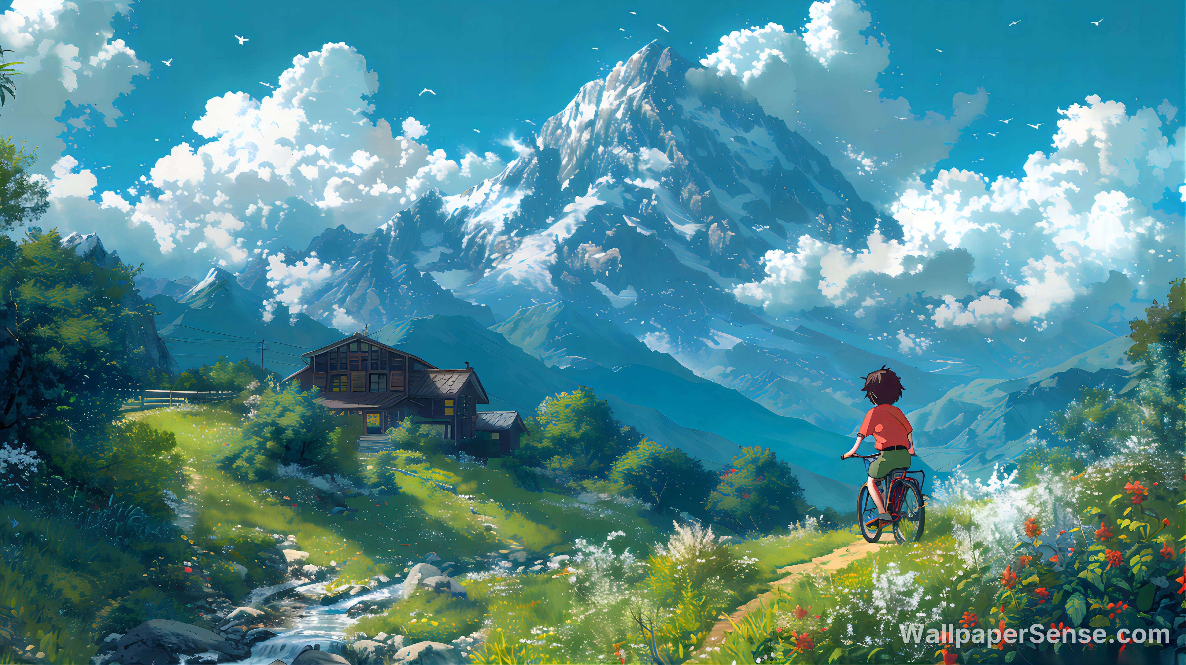 Ghibli-Style Mountain Cycling 8K Desktop Wallpaper