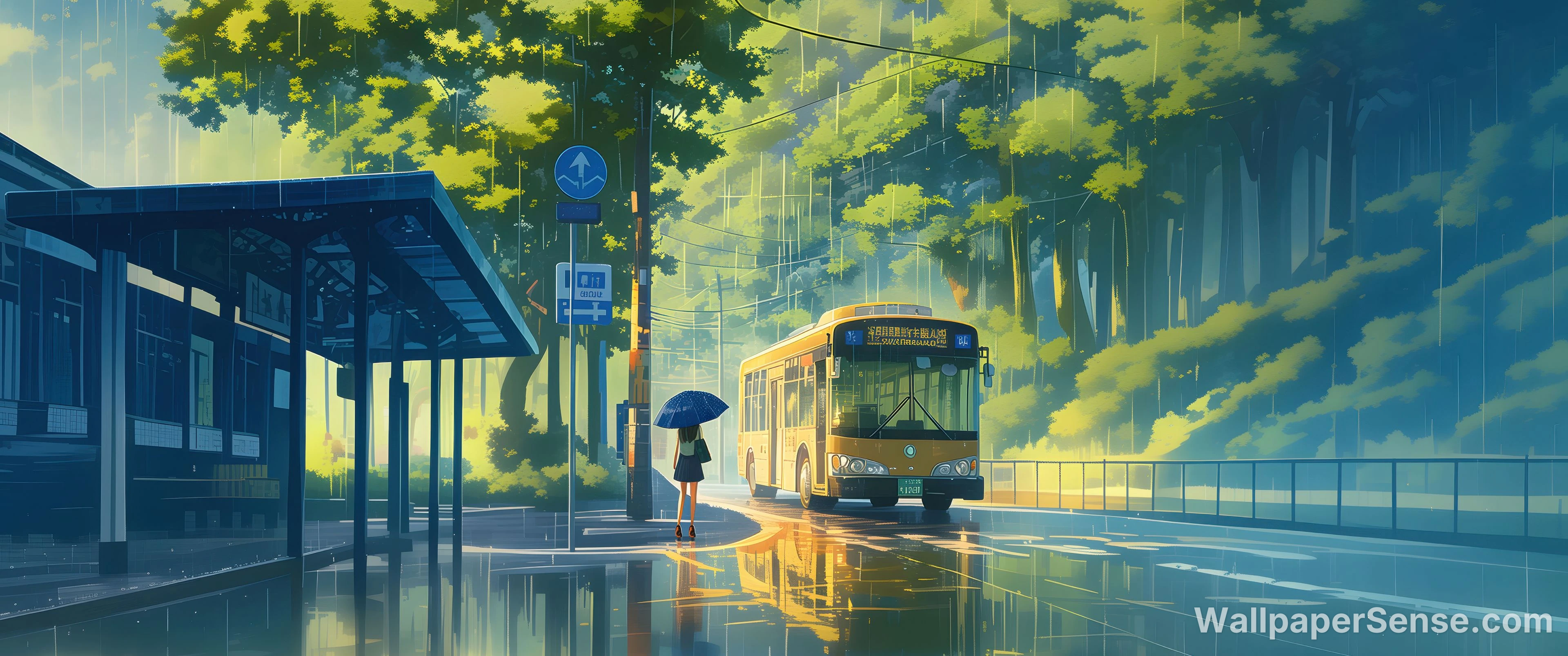 Anime Regenstraat en bushalte 8K Ultra HD Wallpaperverzameling - Anime Regenrijke bushalte 8K Ultra HD Desktop Wallpaper