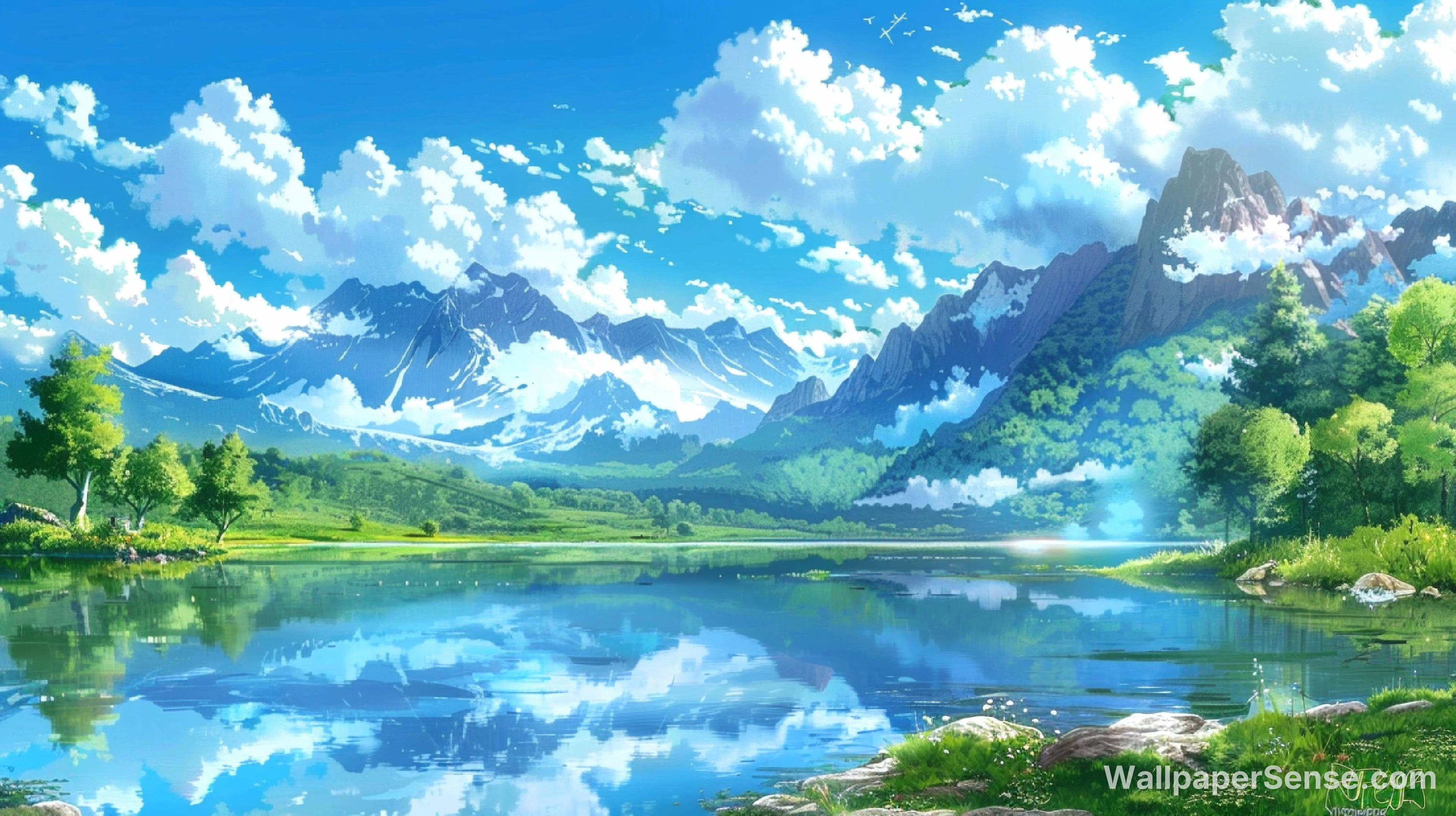 Japanese Anime Lake Mountain Scenery 8K Desktop Wallpaper