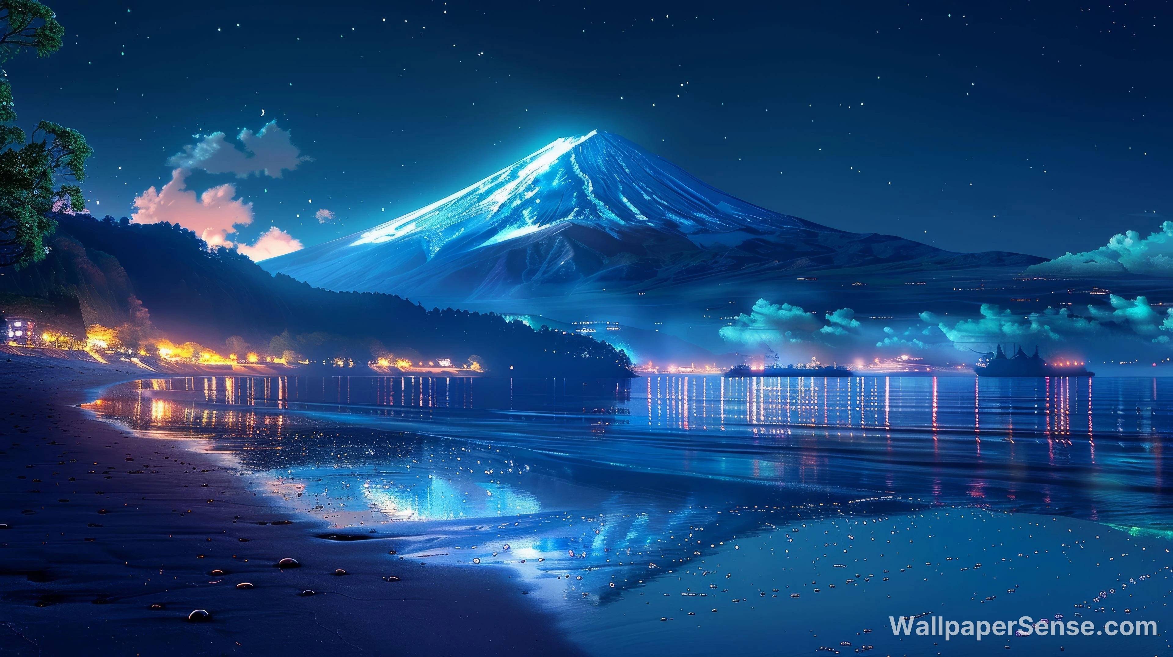 Japonský Mount Fuji noční obloha 8K ultra HD stěnový papír