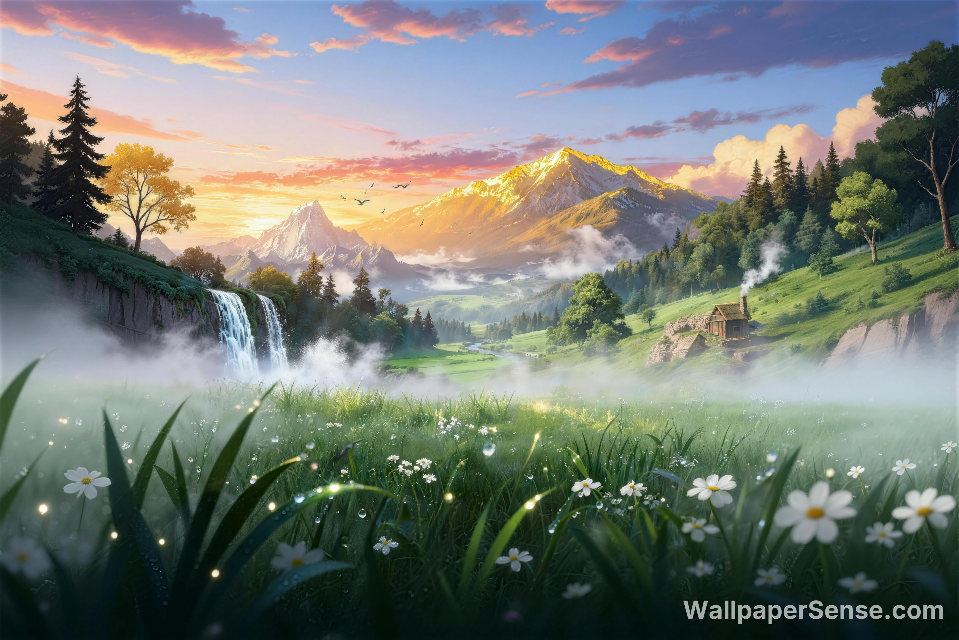 Anime-Style Valley Waterfall 8K Desktop Wallpaper
