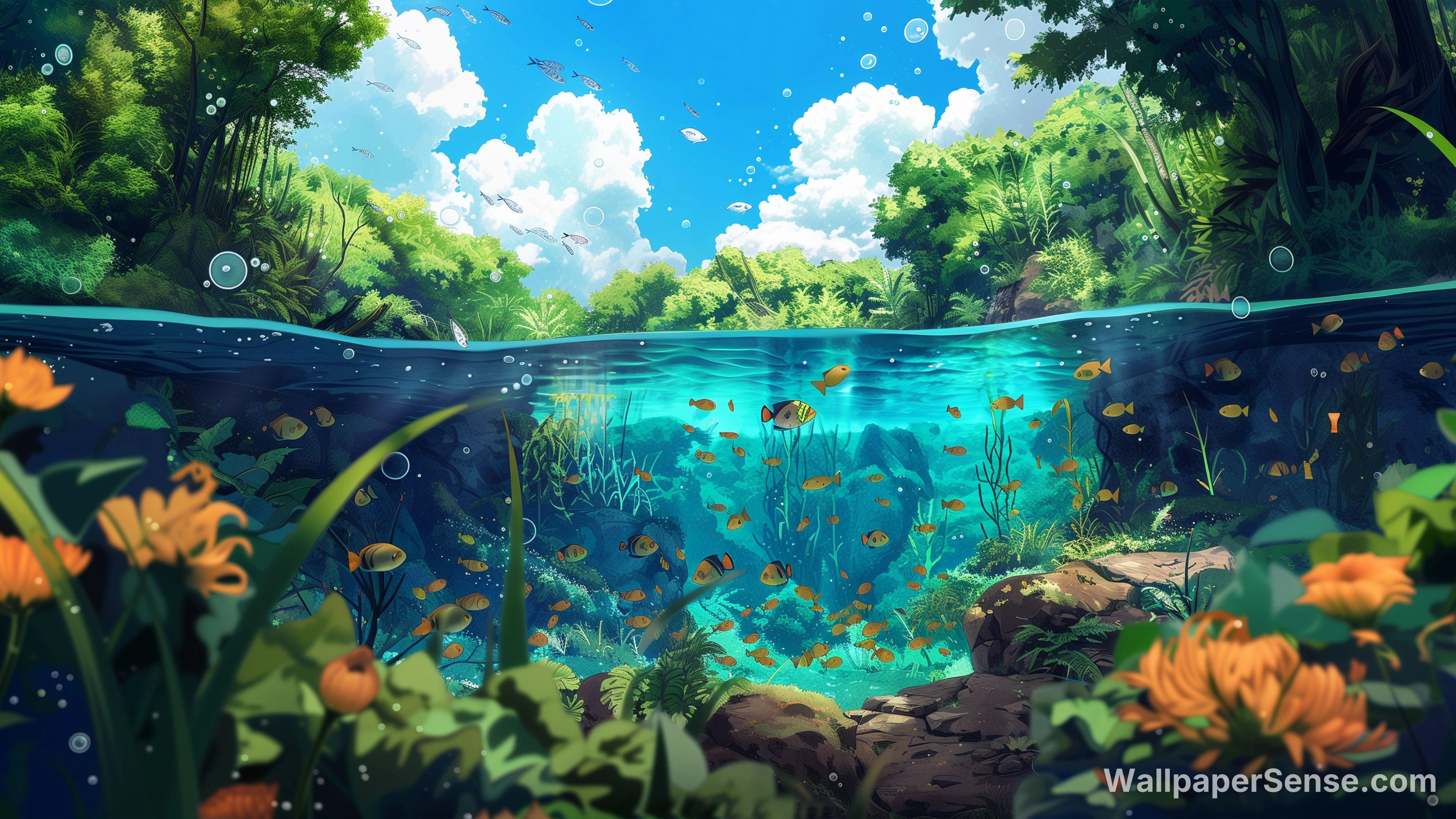 Colección de Fondos de Pantalla Anime Jungla Subacuática 4K 8K Ultra HD - Paisaje de arroyo en bosque animado 4K para escritorio