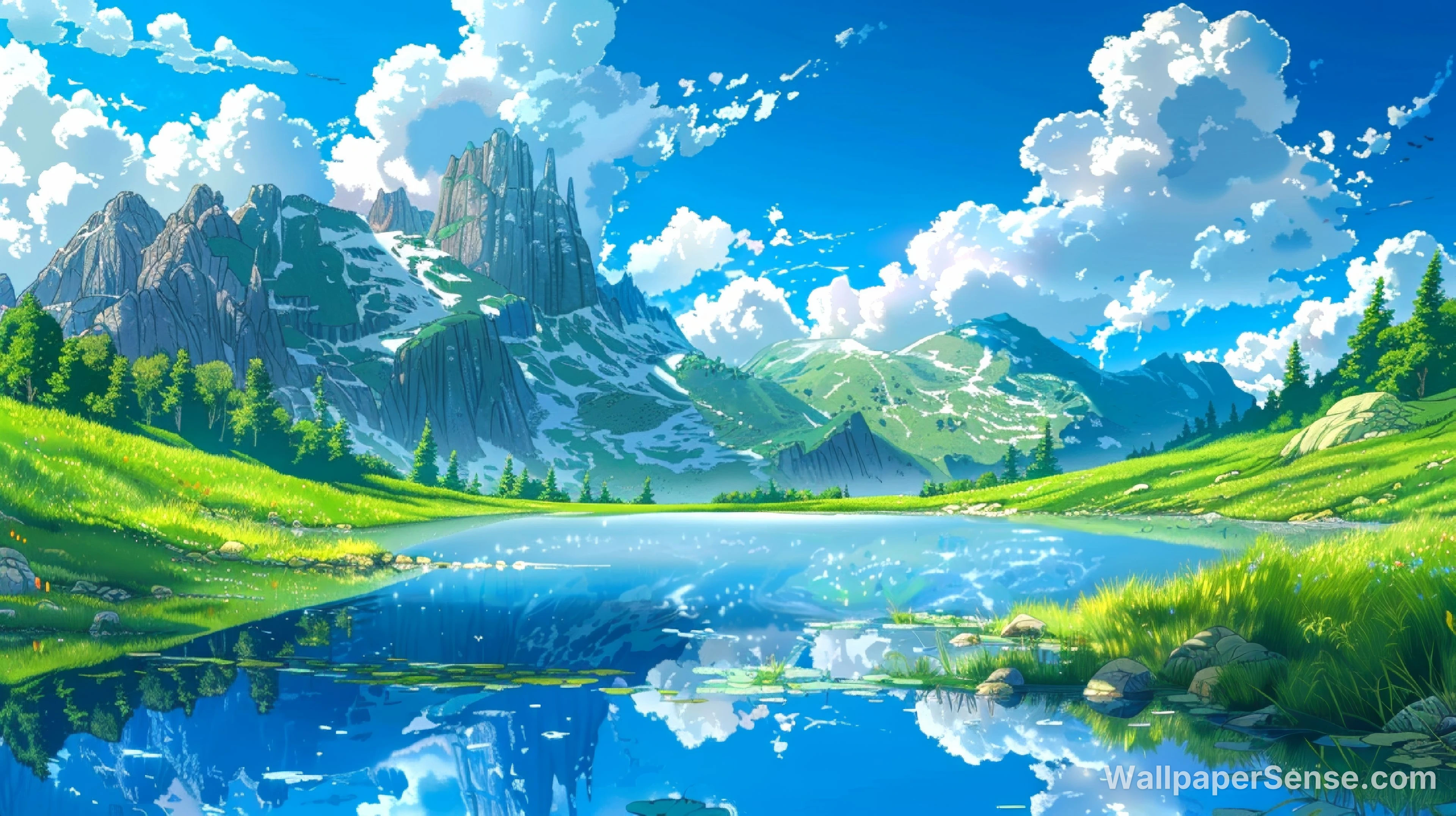 Anime-Style Snowy Mountain Lake Landscape 8K Desktop Wallpaper