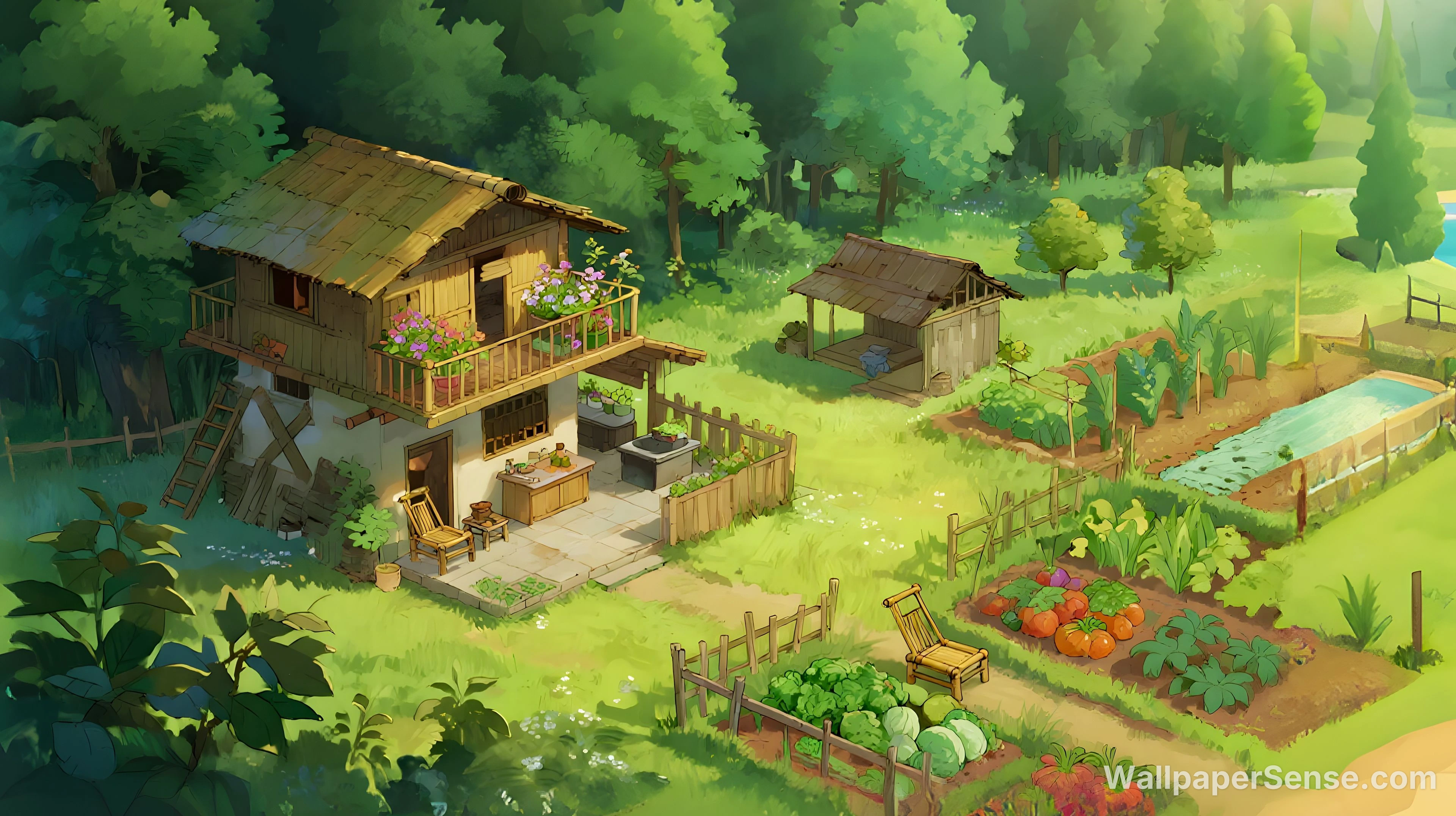 动漫风格小屋花园 4K桌面壁纸