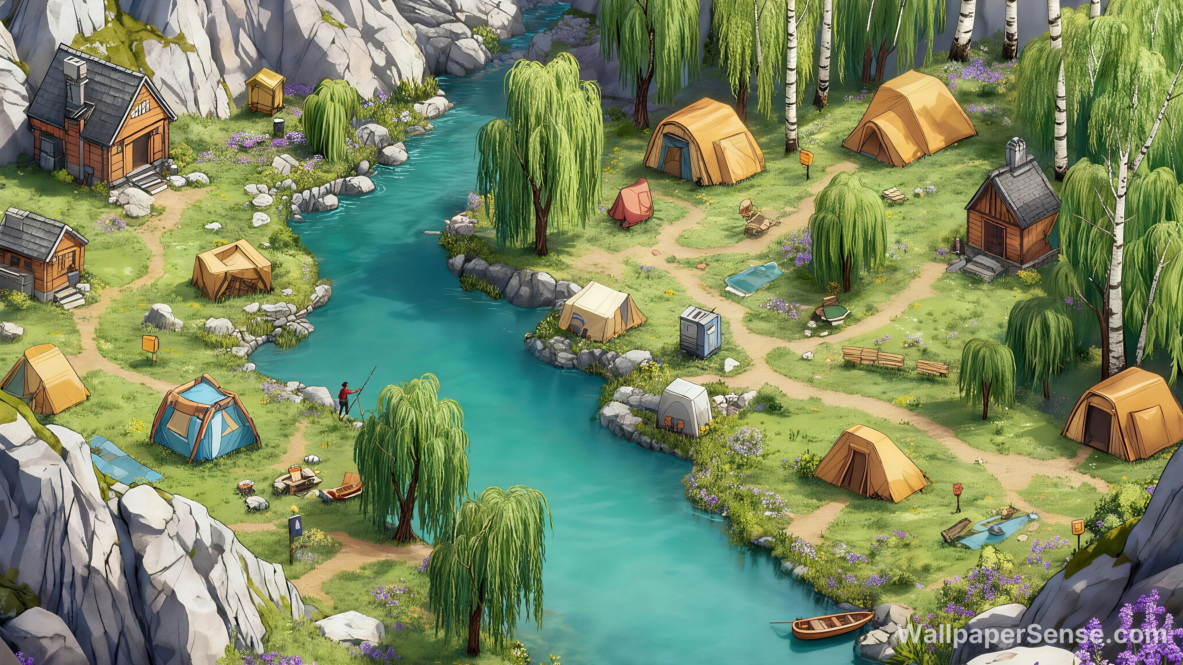 Cartoon-Style Camping Valley 8K Ultra HD Desktop Wallpaper