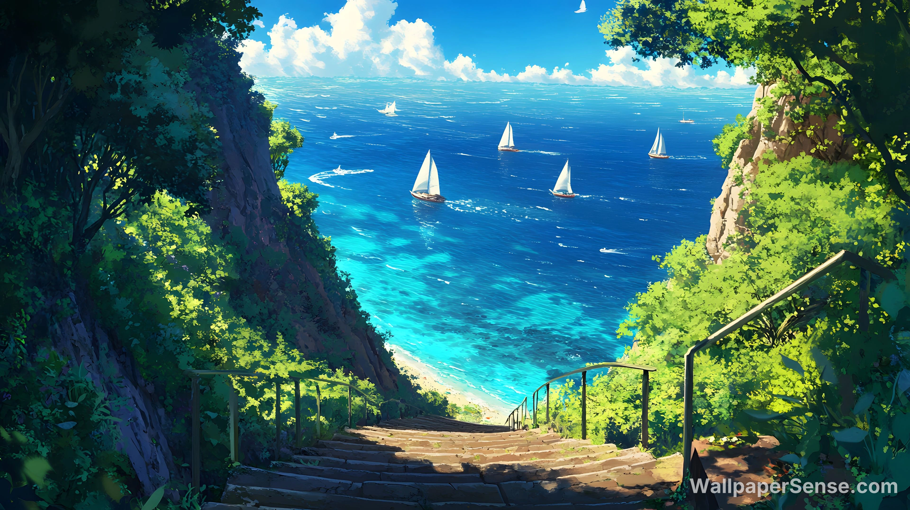 Japansk anime-inspireret kyst med sejlskibe – 8K ultra HD baggrundsbillede
