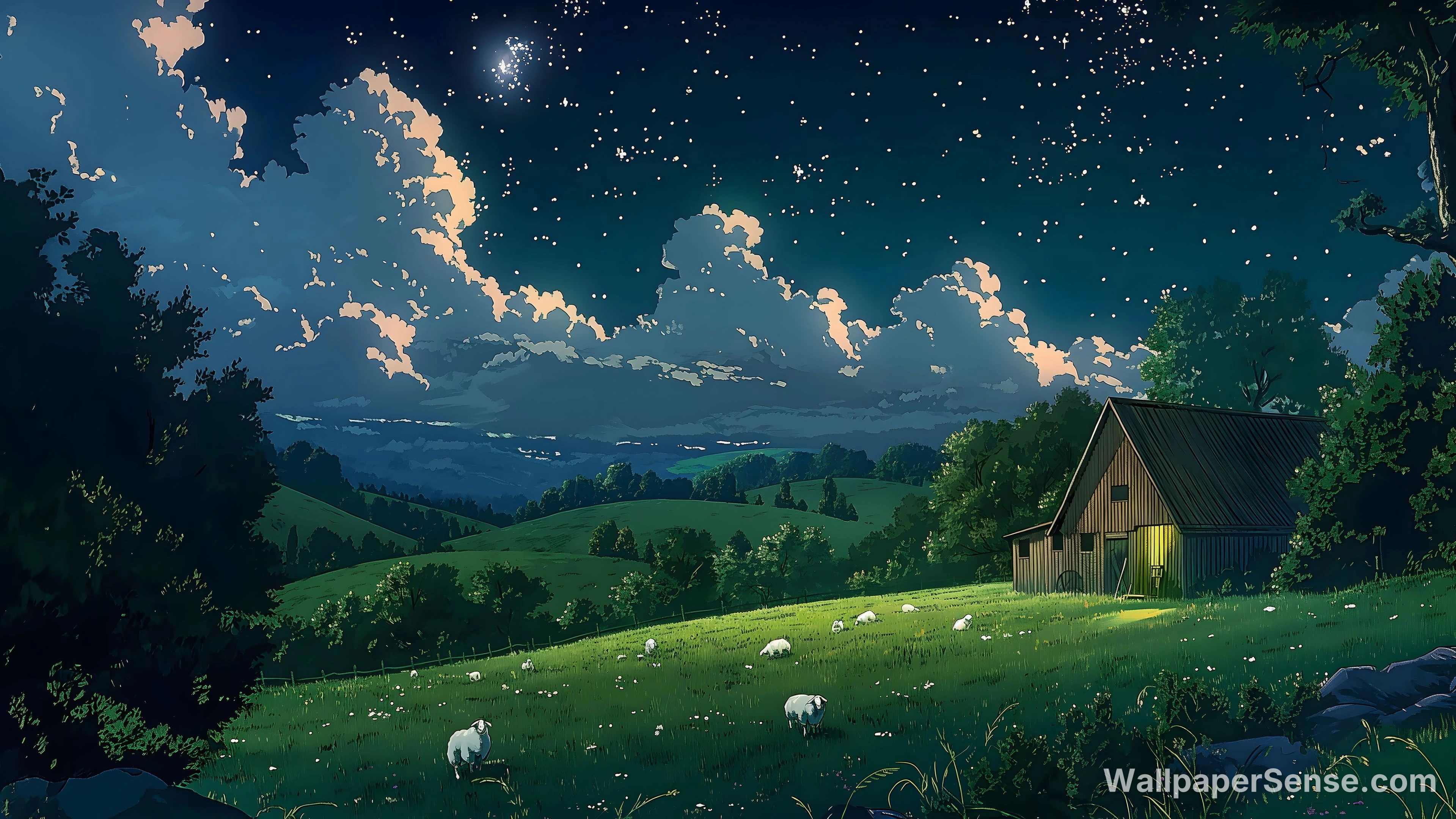 Miyazaki-Style Night Pasture 8K Desktop Wallpaper