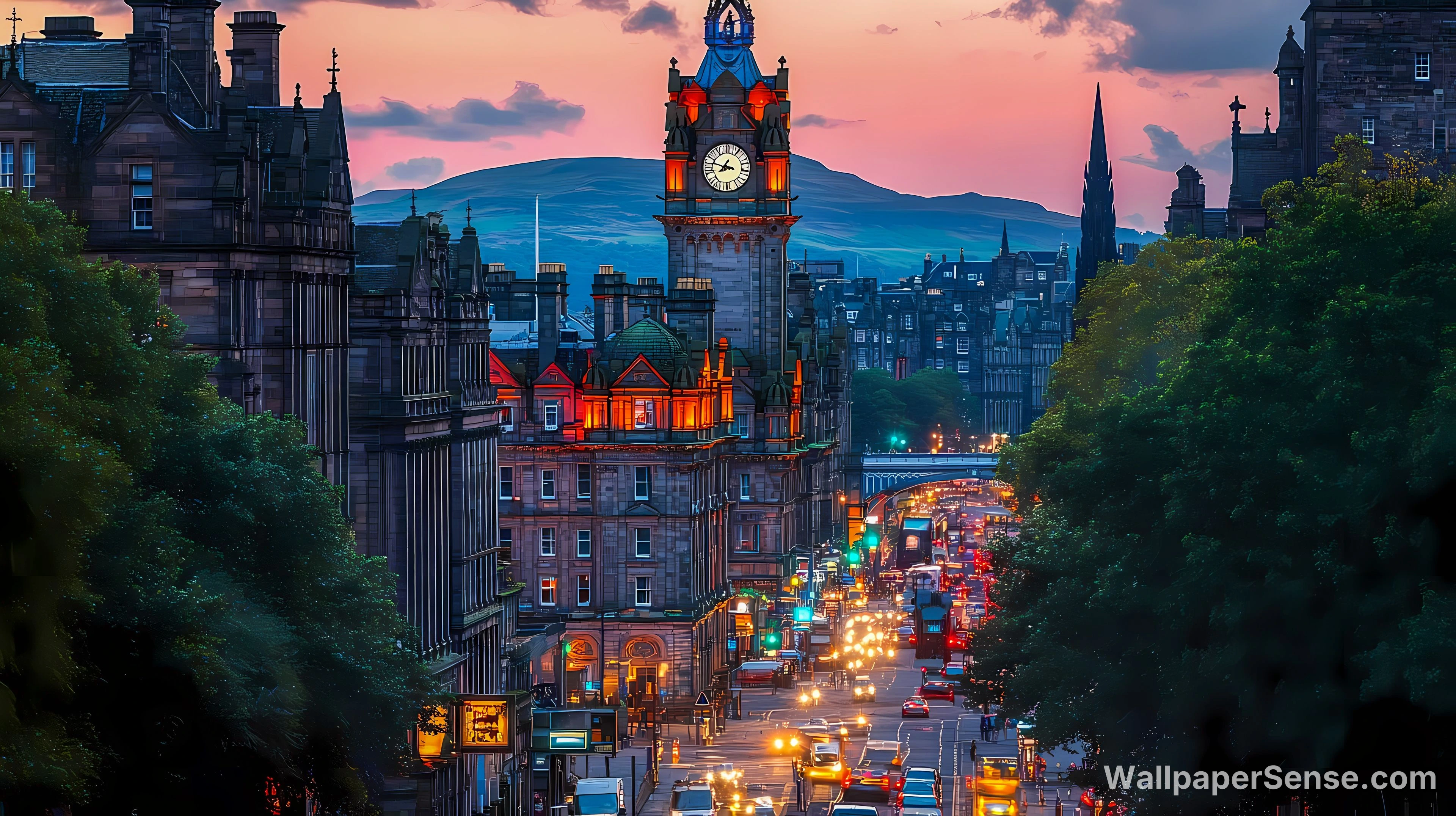 Paysage urbain d'Édimbourg au coucher du soleil 4K fond d'écran
